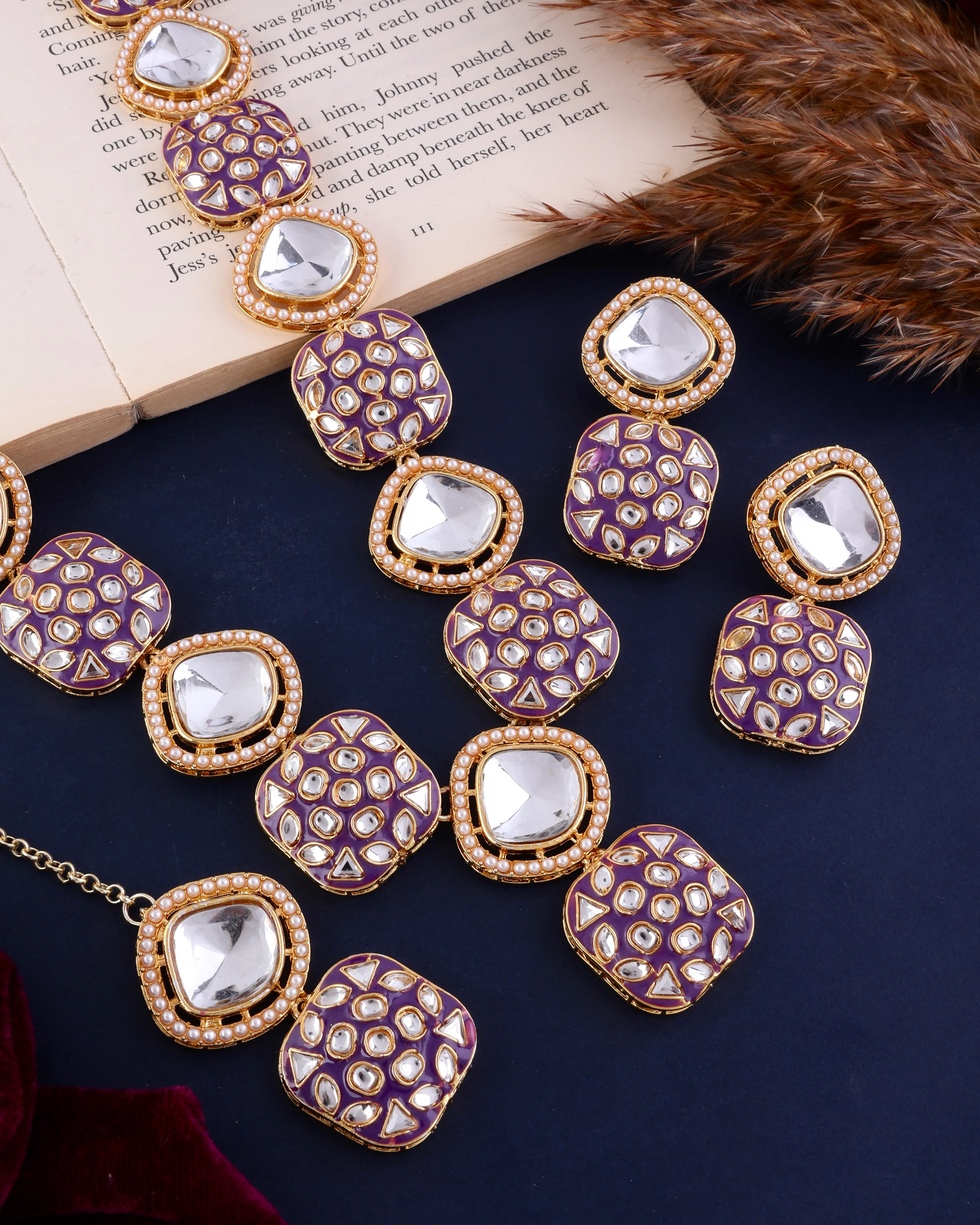 Purple Harleen Meenakari Long Necklace Set with Teeka and Earring - Image 5