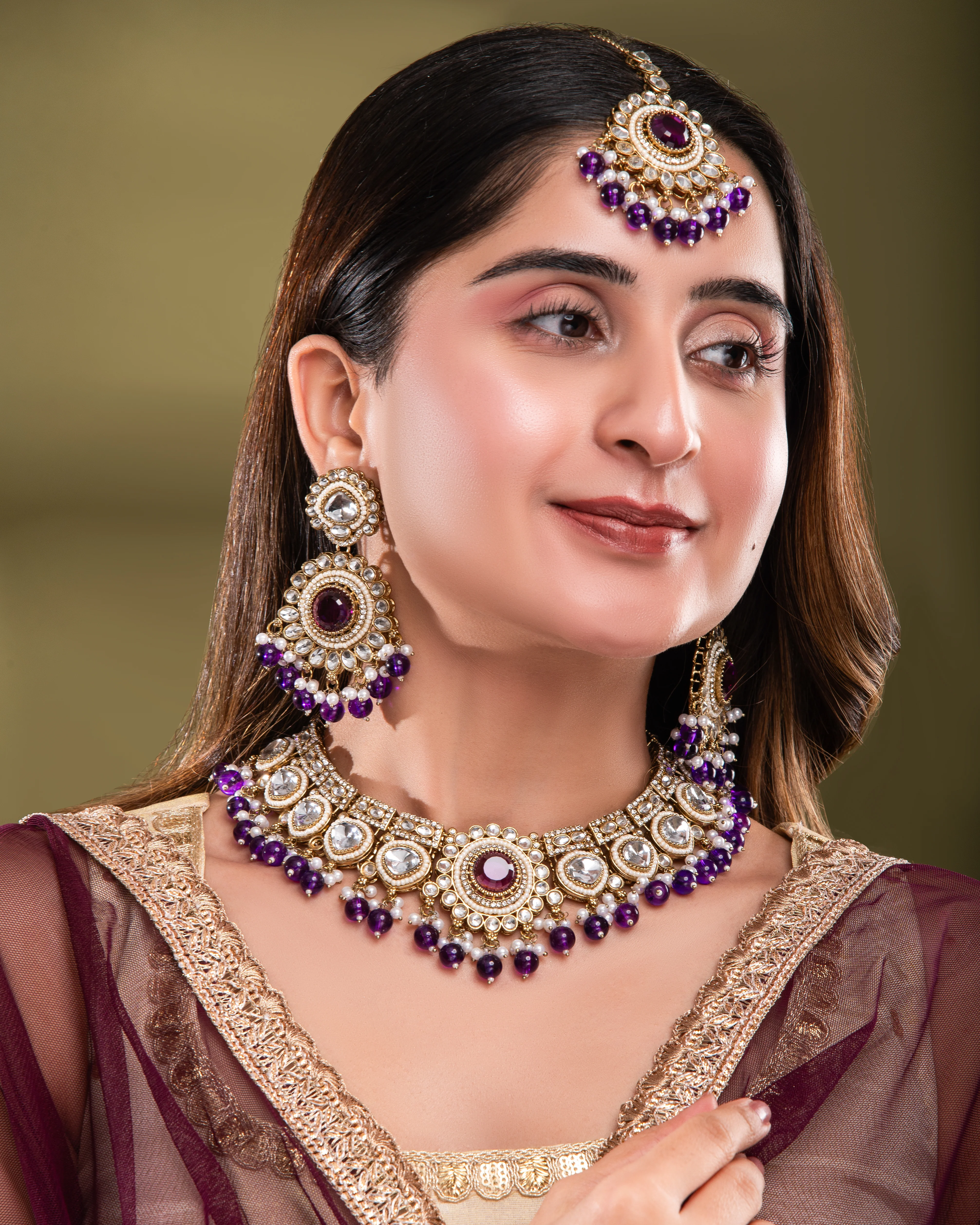 Purple Laviza Premium Polki Dupe Necklace Earring with Teeka and Side Jhumar/Passa - Image 3