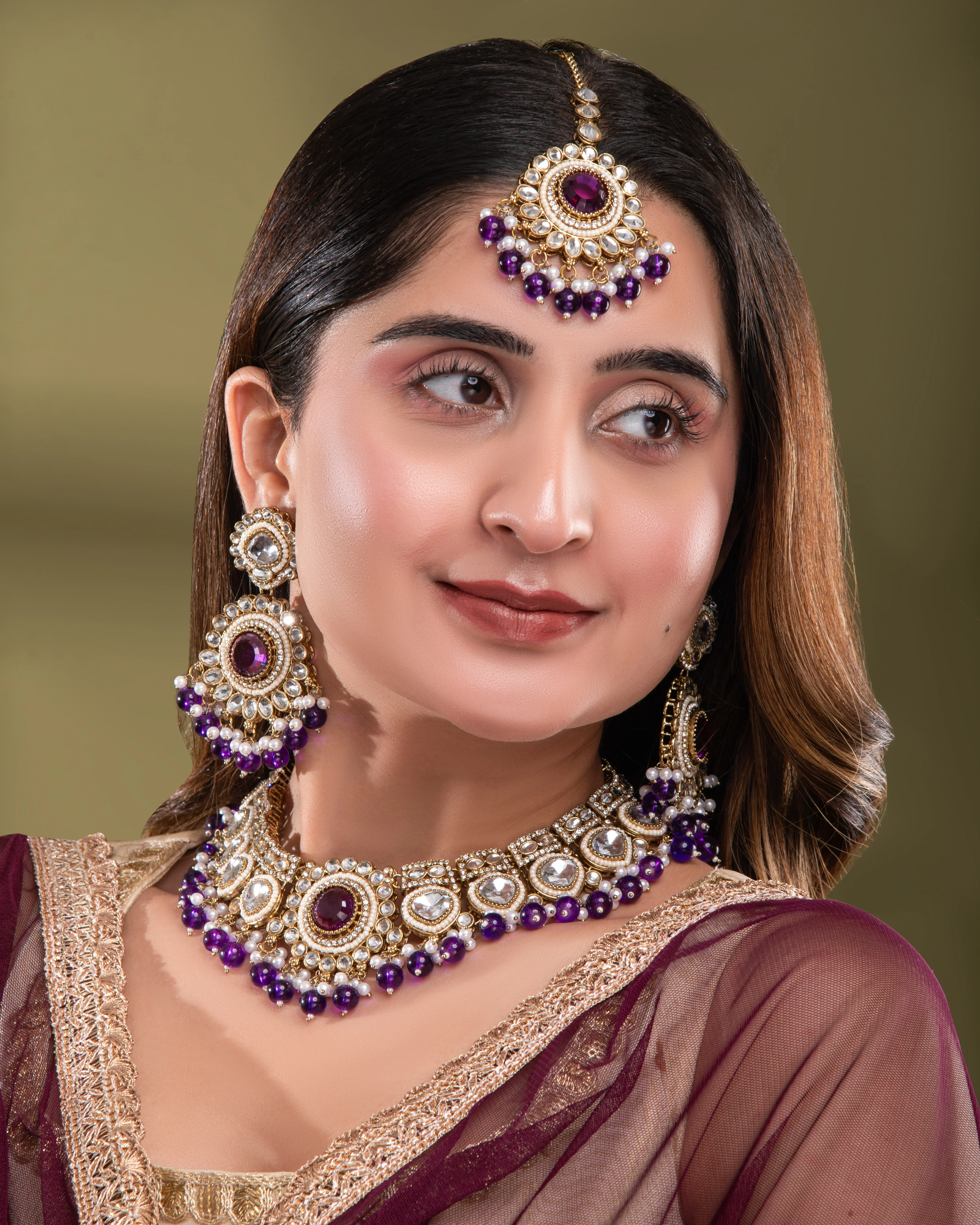 Purple Laviza Premium Polki Dupe Necklace Earring with Teeka and Side Jhumar/Passa - Image 6