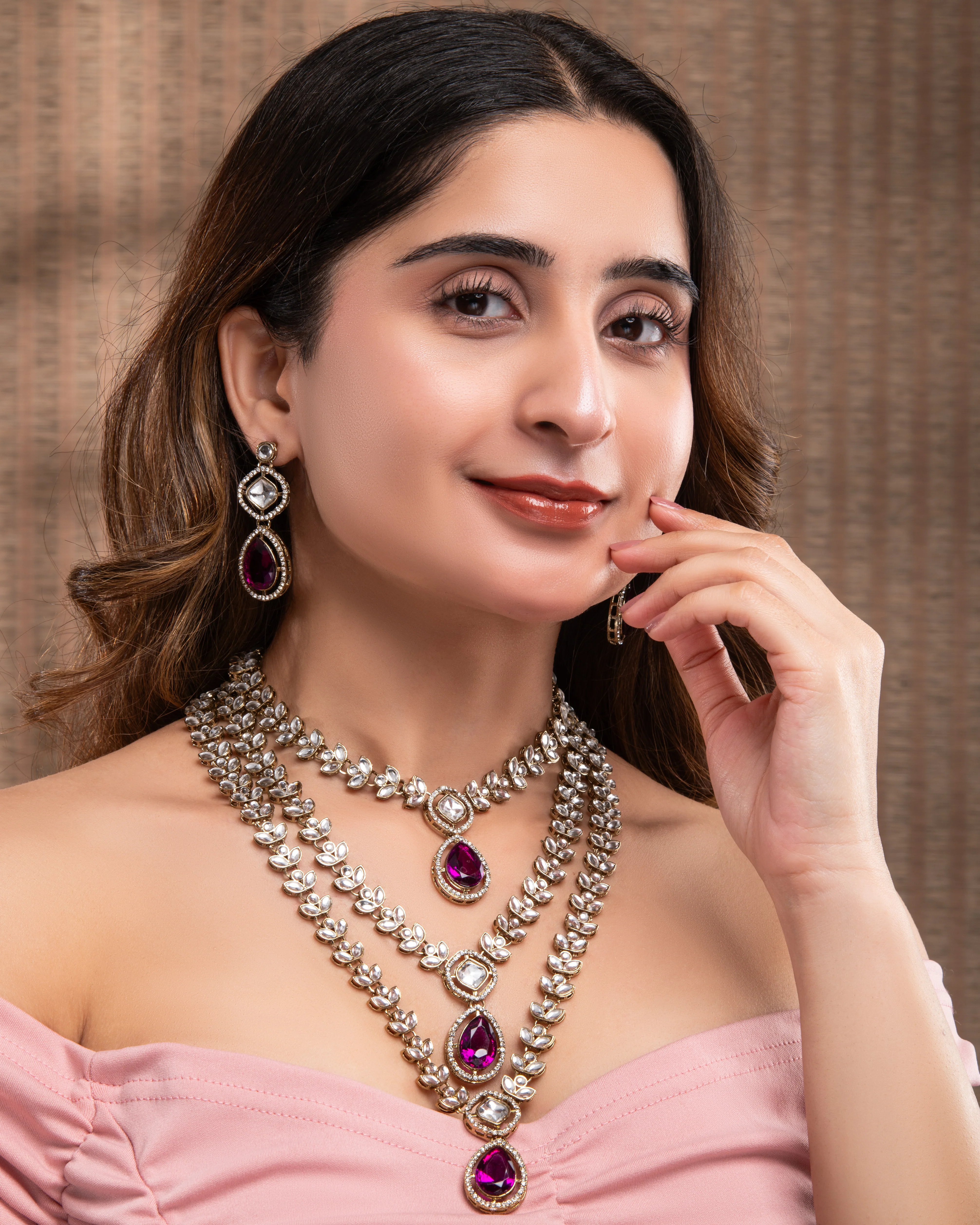 Purple Nairika Layered Kundan Necklace with Earrings