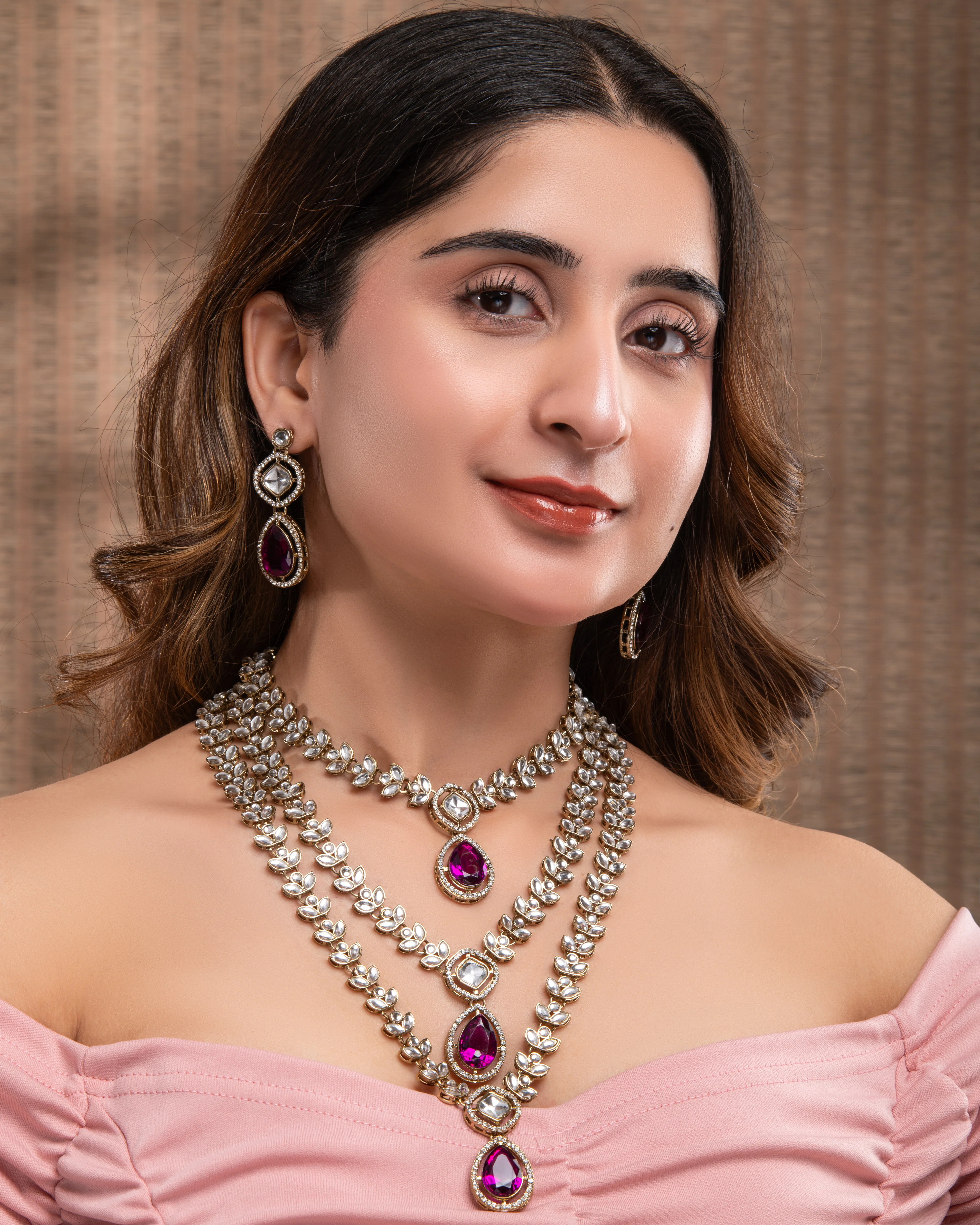 Purple Nairika Layered Kundan Necklace with Earrings - Image 2