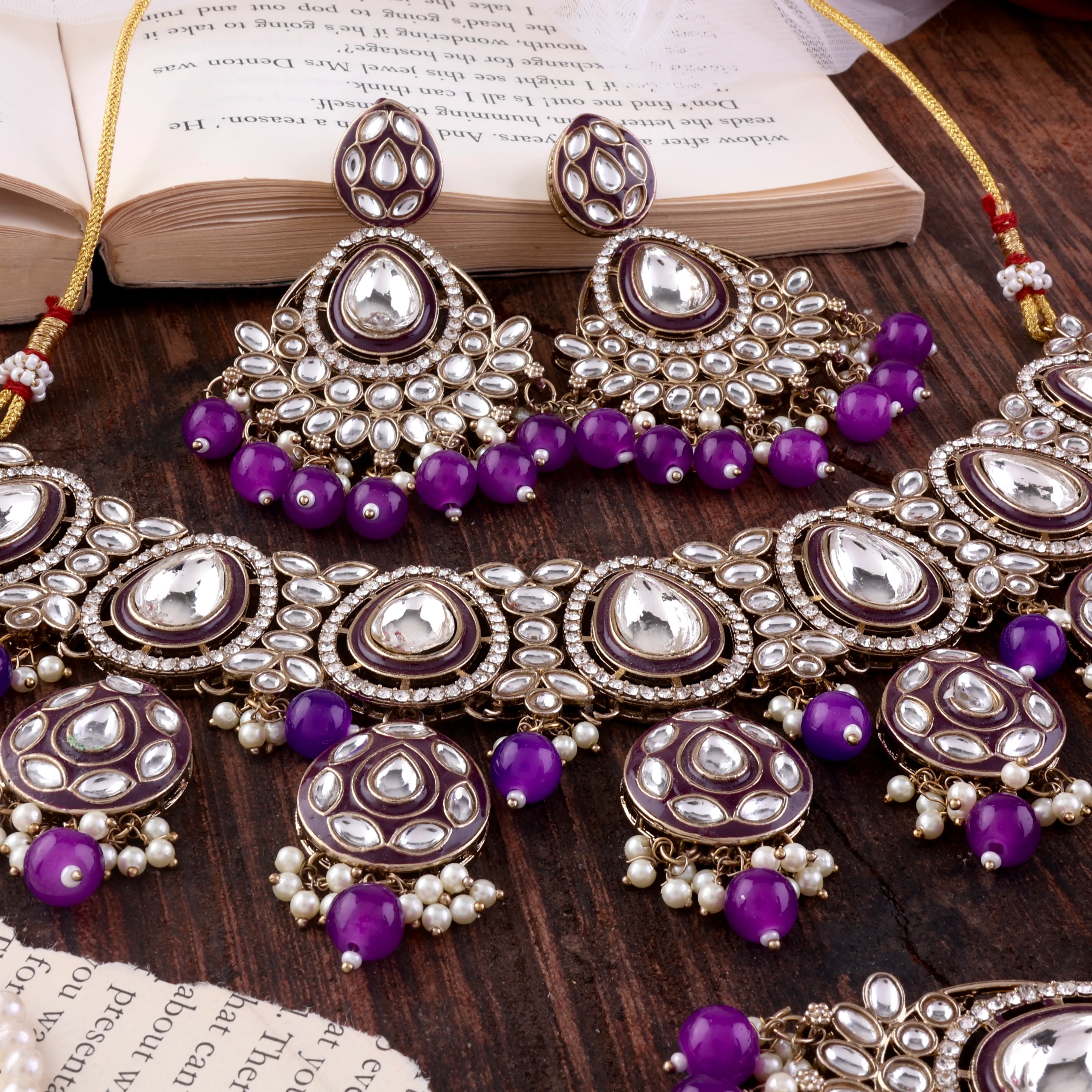 Purple Ruhana Necklace Set with Chandbali Earring and Statement Teeka - Image 4