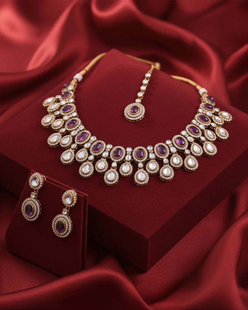 Purple Sehaj Premium Polki Dupe Necklace with Earring and Teeka - Image 10