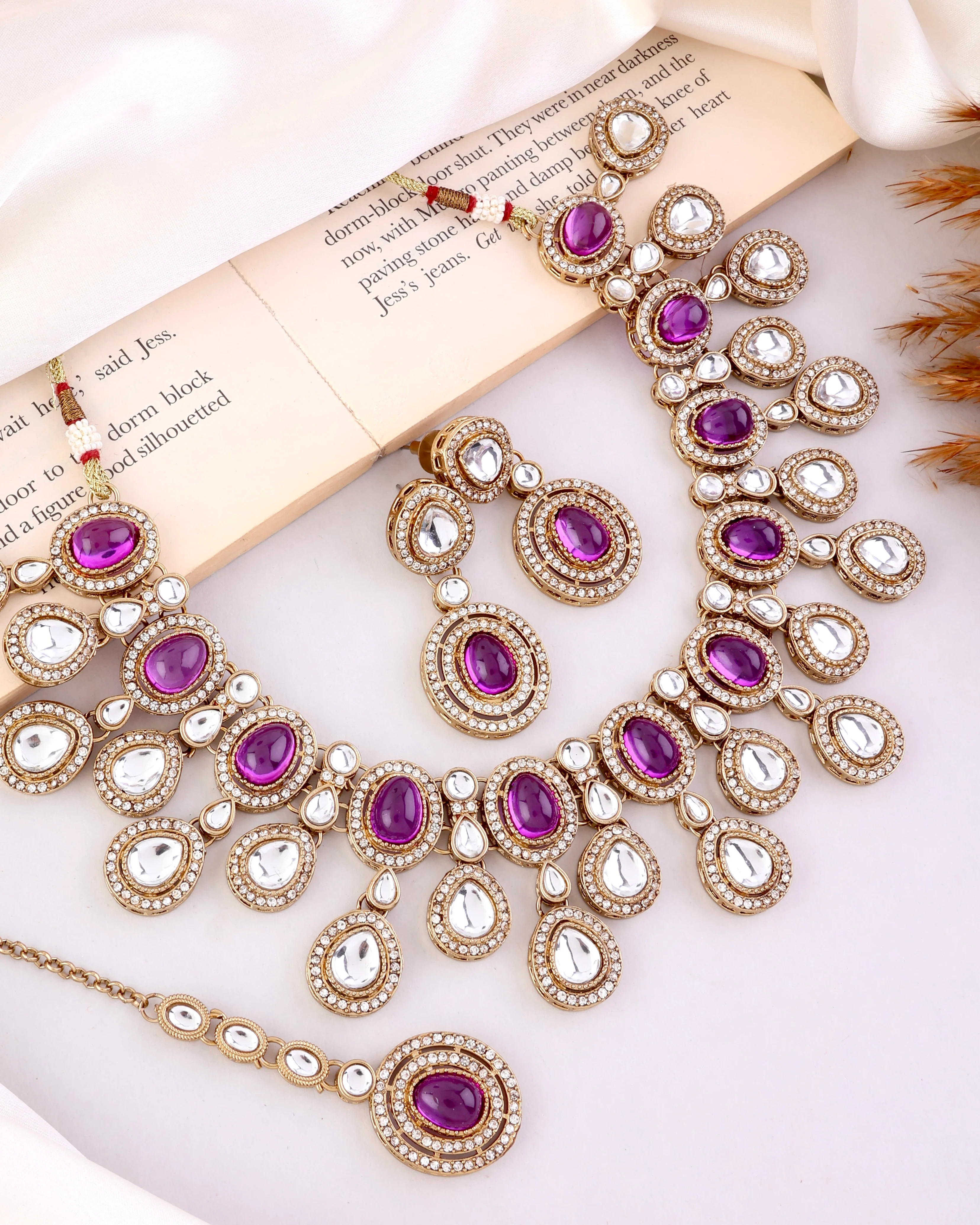 Purple Sehaj Premium Polki Dupe Necklace with Earring and Teeka - Image 14