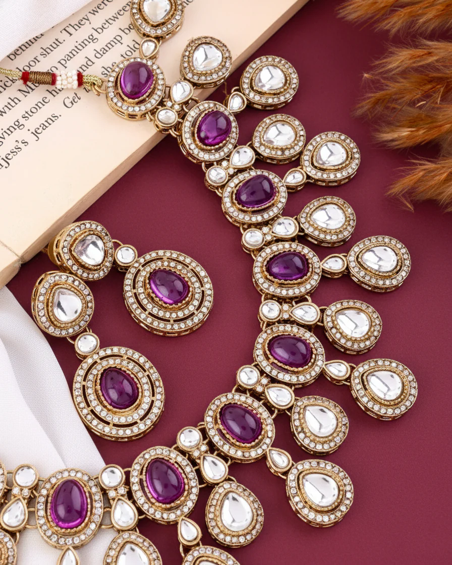 Purple Sehaj Premium Polki Dupe Necklace with Earring and Teeka - Image 6