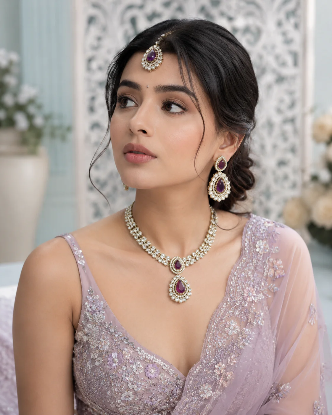 Purple Vyakhya Premium Designer Zircone Polki Dupe Necklace With Earring & Teeka
