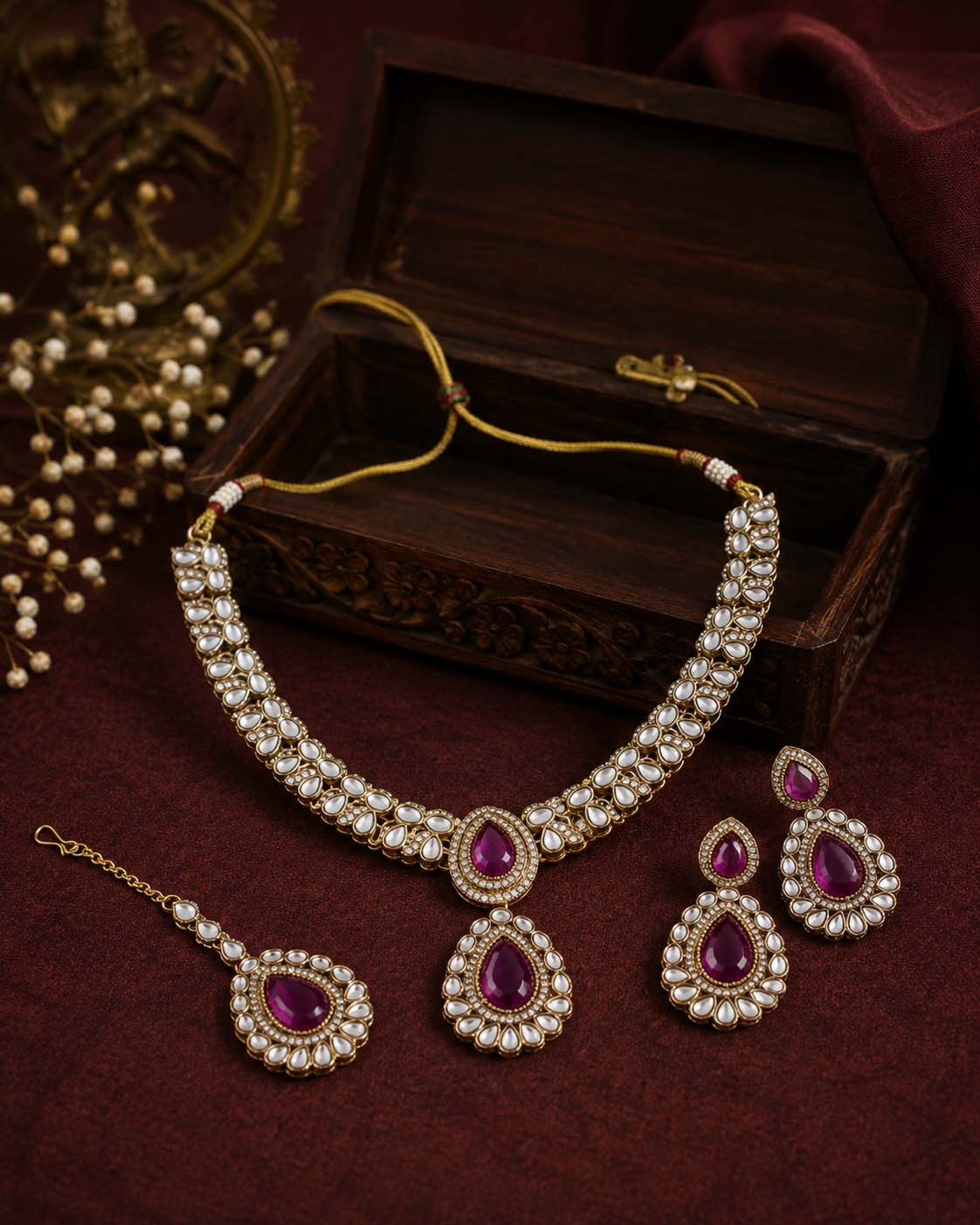 Purple Vyakhya Premium Designer Zircone Polki Dupe Necklace With Earring & Teeka - Image 4