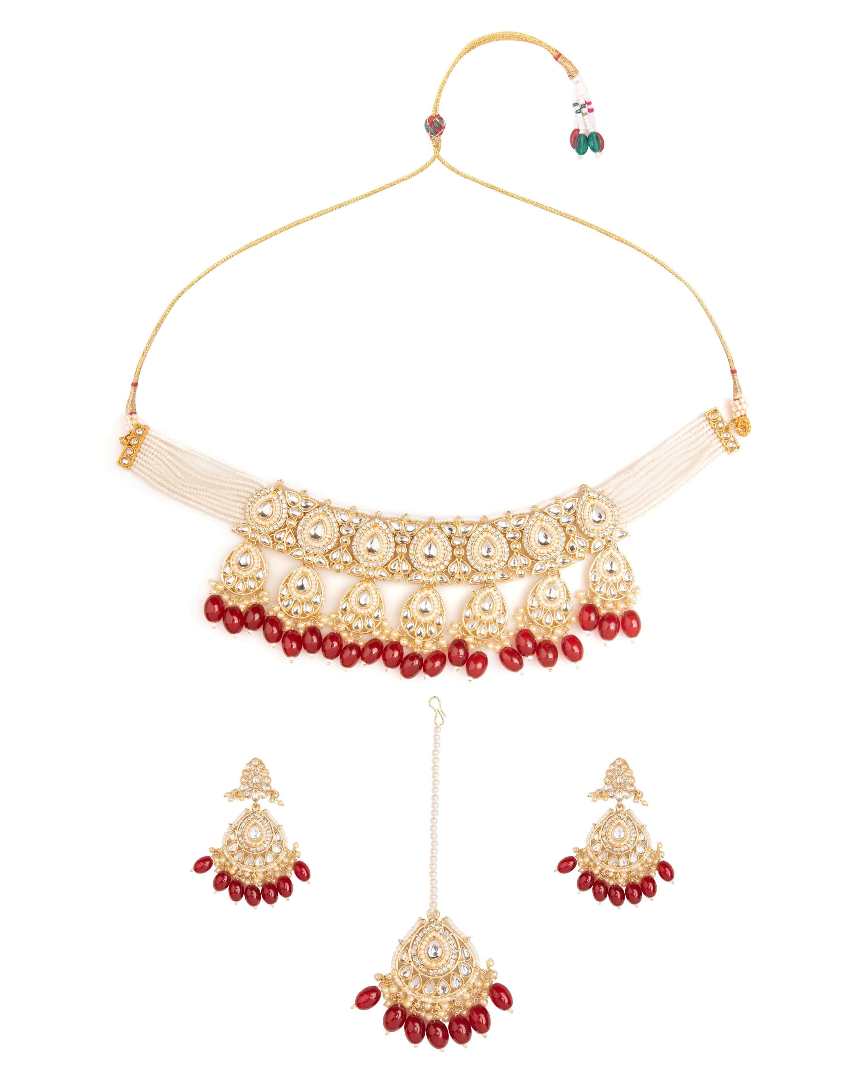 Red Devika Kundan Necklace Set with Chandbali Earring and Mangteeka - Image 3