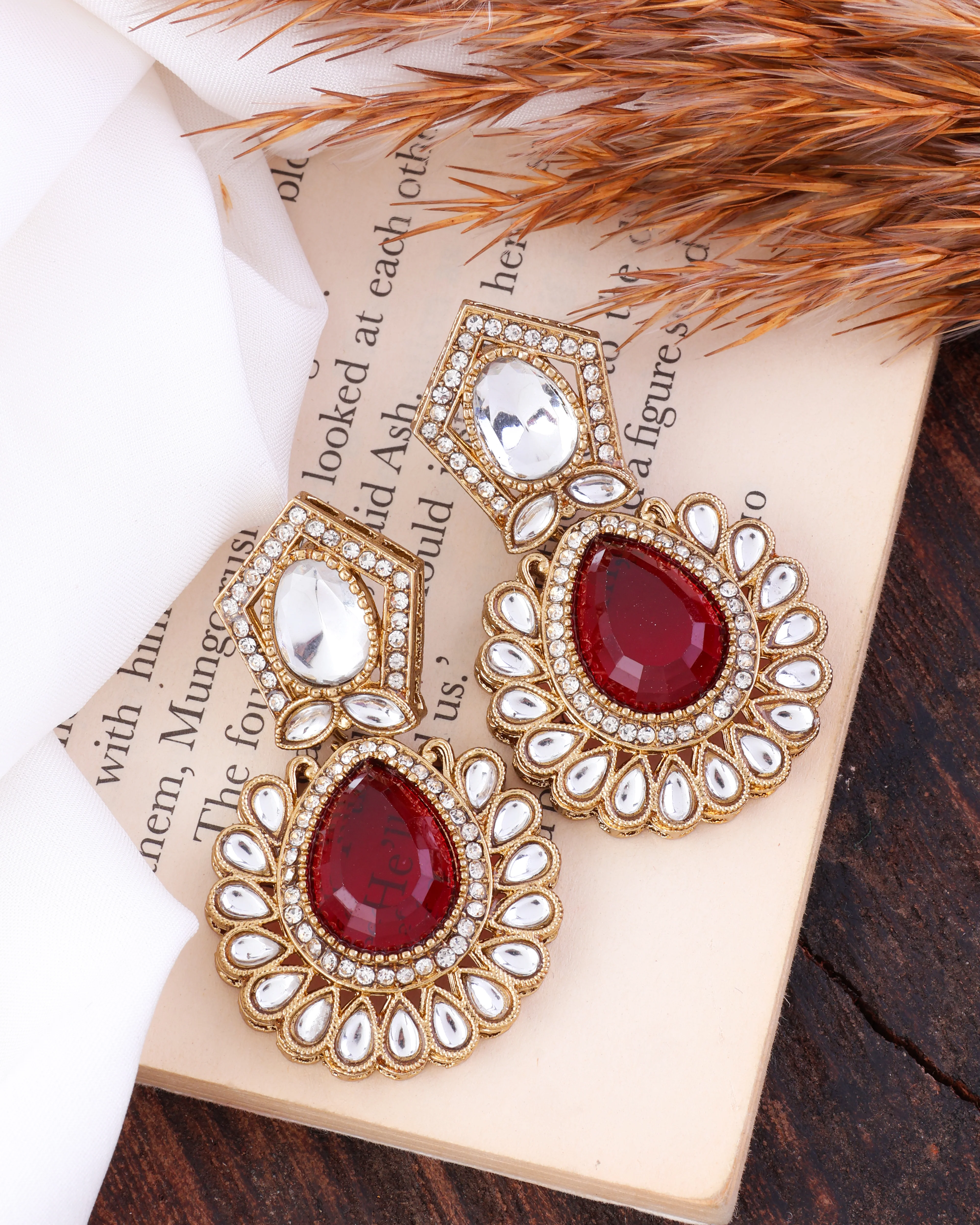 Red Dikshika Premium Designer Zircone Polki Dupe Earring - Image 3