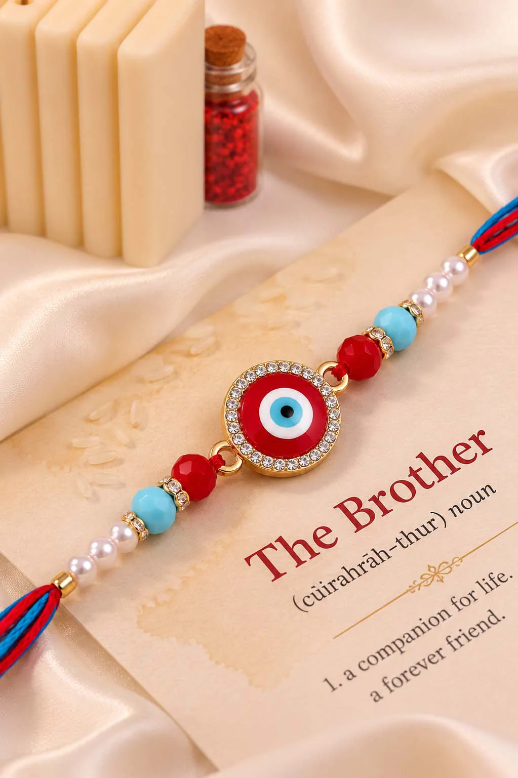 Red Zaroon Evil Eye Rakhi for Brother | Tilak Set Included - Image 2