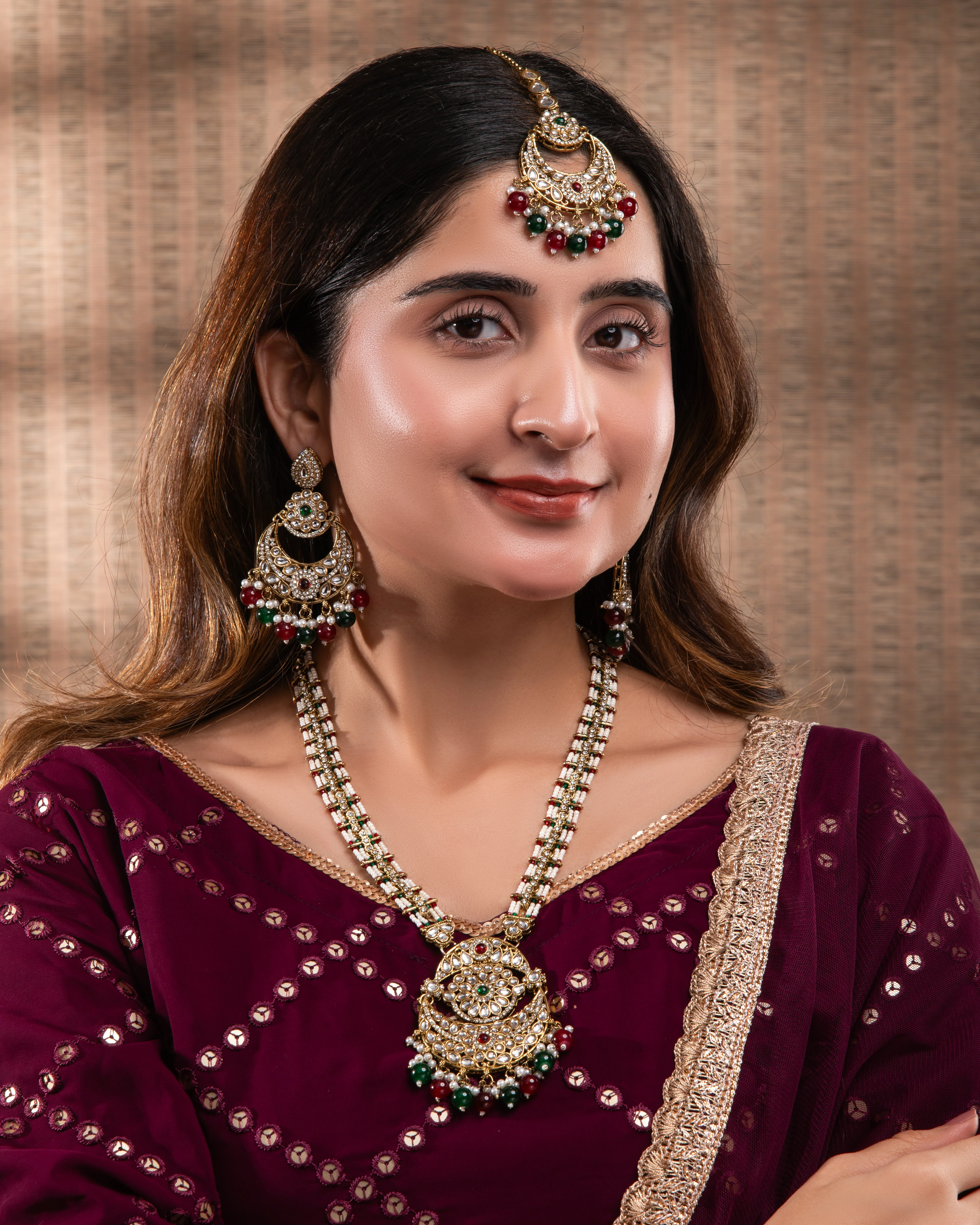 Red Green Travini Premium Long Necklace With Earring & Teeka