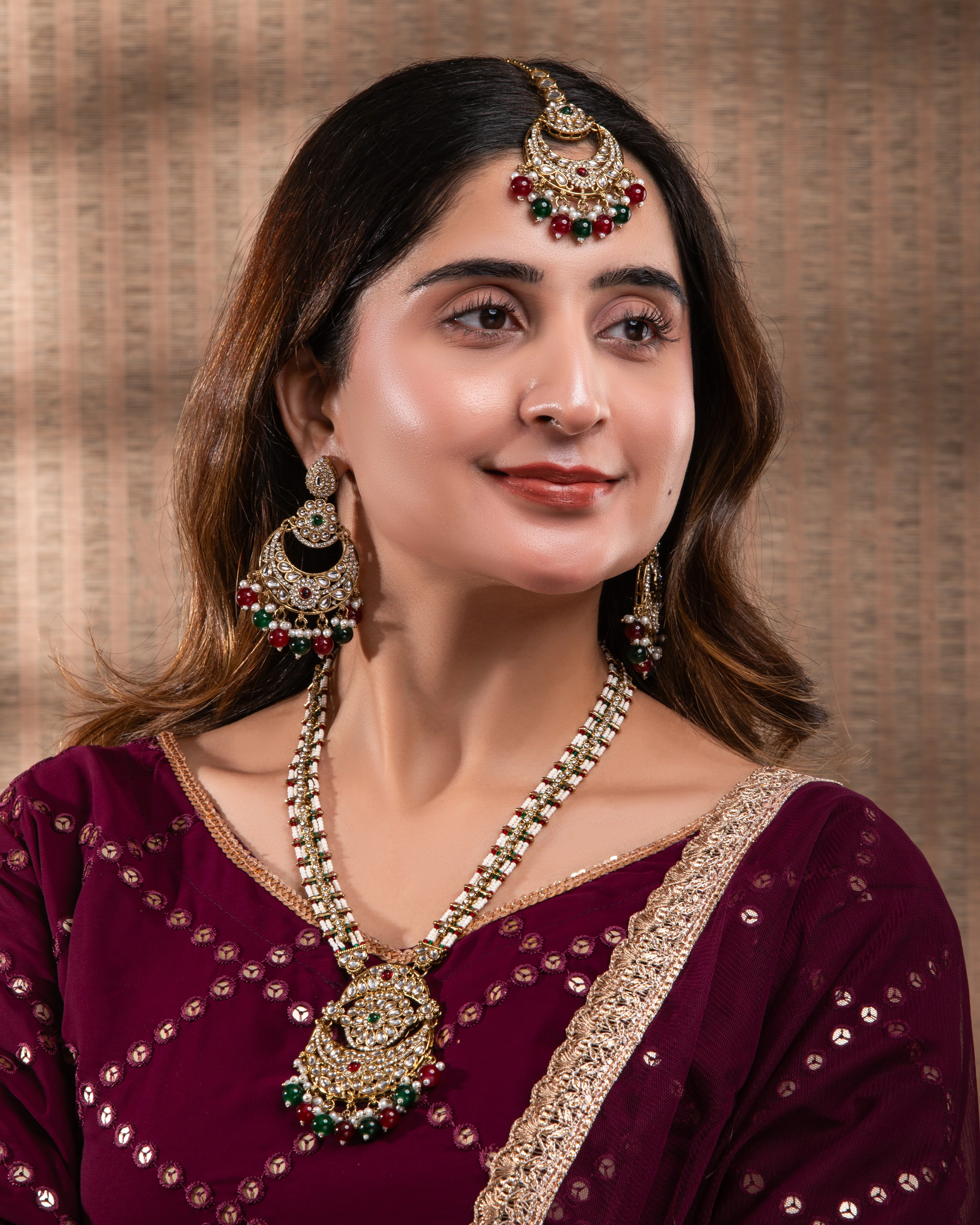 Red Green Travini Premium Long Necklace With Earring & Teeka - Image 3