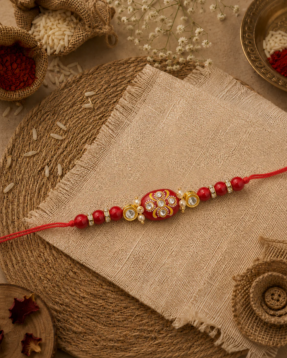 Red Jadau Beaded Kundan Rakhi for Brother | Tilak Set Included - Image 2
