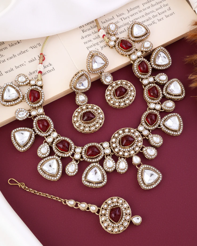 Red Kavita Premium Polki Dupe Necklace with Earring and Teeka - Image 4