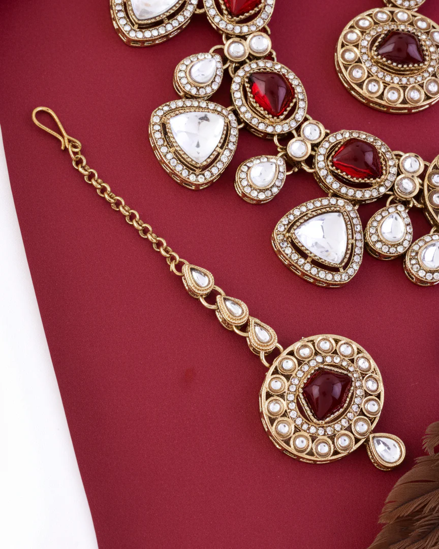 Red Kavita Premium Polki Dupe Necklace with Earring and Teeka - Image 5