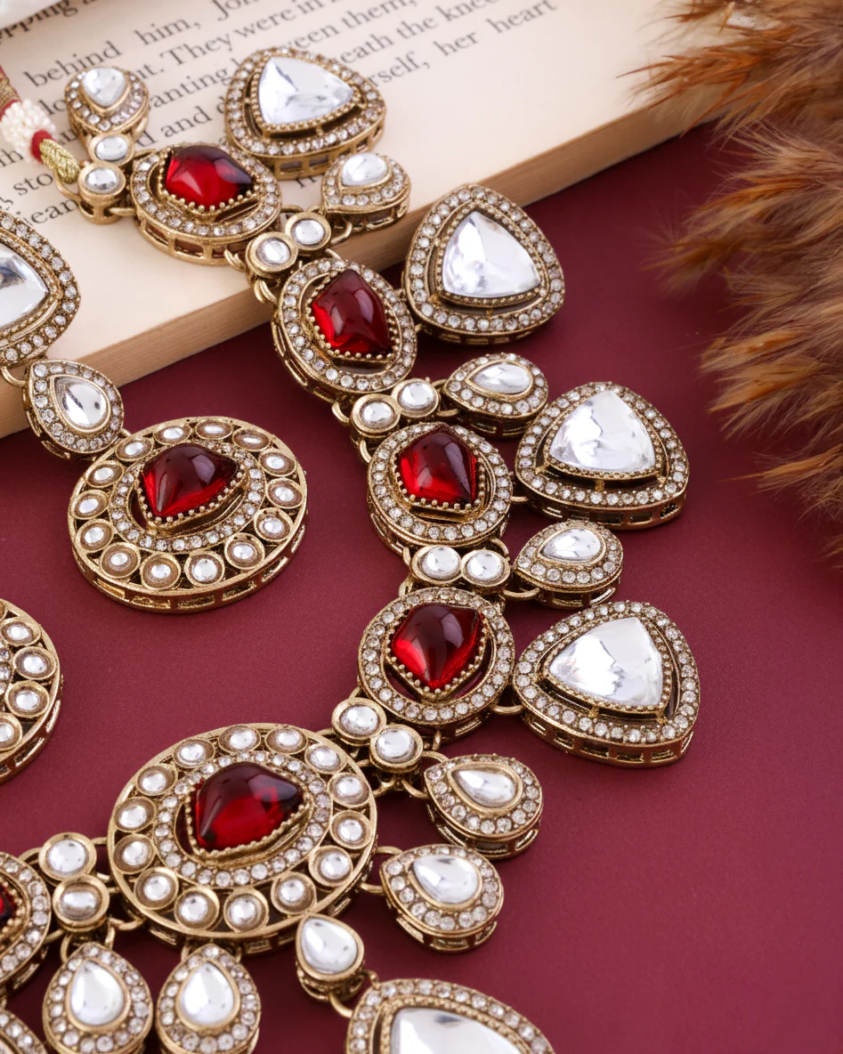Red Kavita Premium Polki Dupe Necklace with Earring and Teeka - Image 7