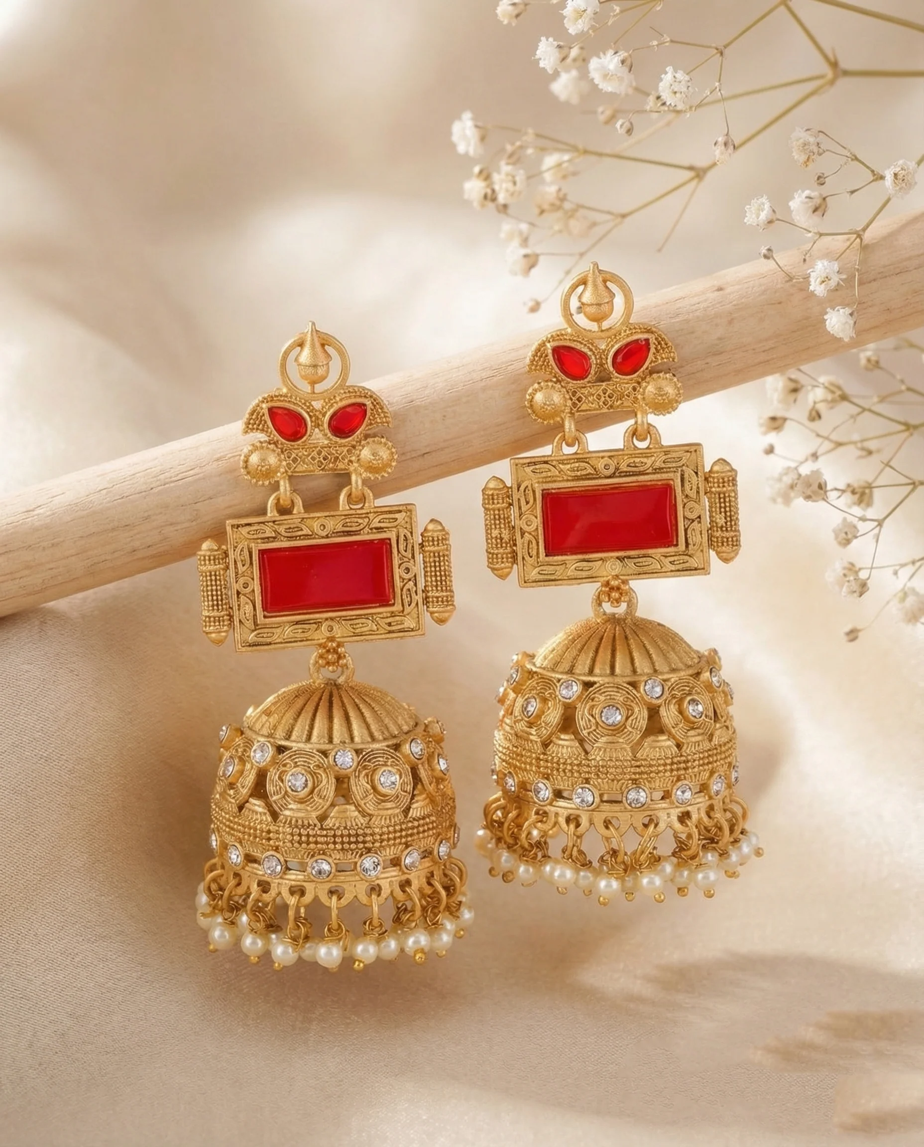 Red Mrighosh Premium Kashmiri Brass Lookalike Jhumka Earring - Image 3