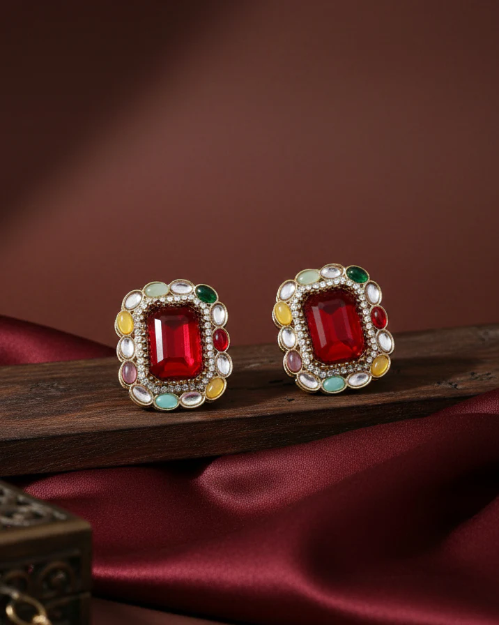 Red Multi Miyoko Premium Kundan Zircone Stud Earrings - Image 2