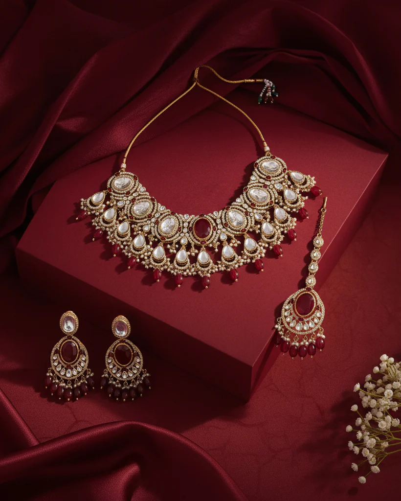 Red Naadiya Premium Polki Dupe Necklace with Earring and Teeka - Image 4