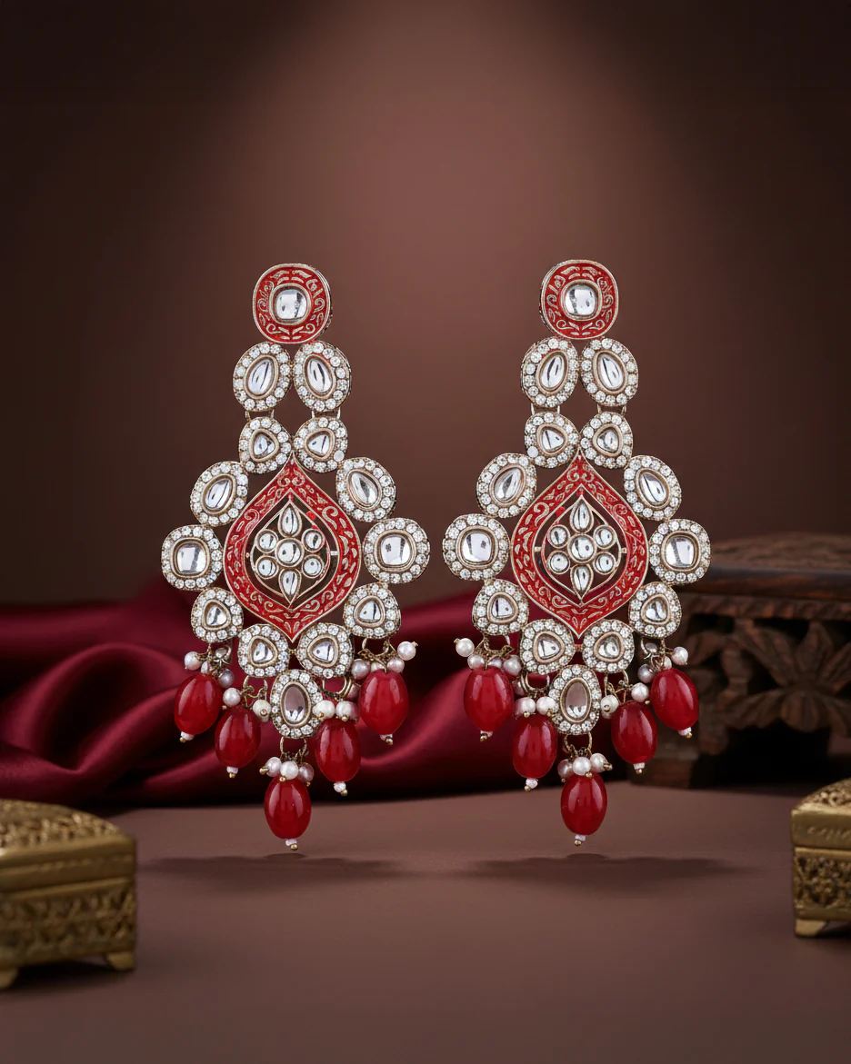Red Pashmeena Designer Kundan Meena Earring - Image 2
