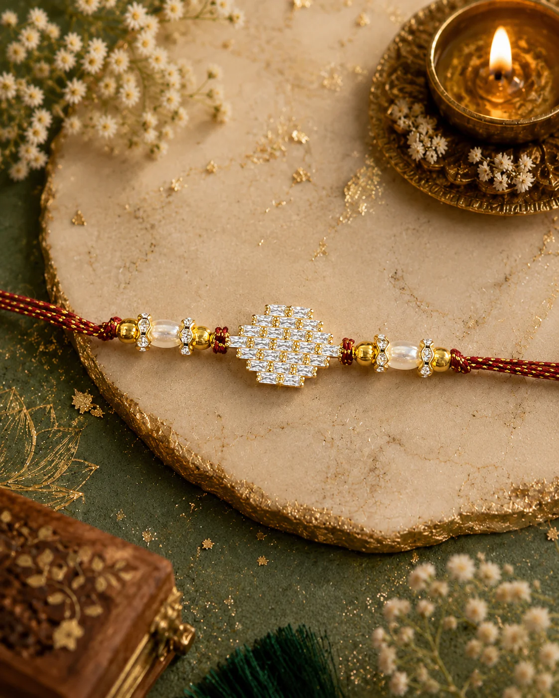 Red Ruwai Diamond Rakhi For Brother | Tilak Set Included - Image 3