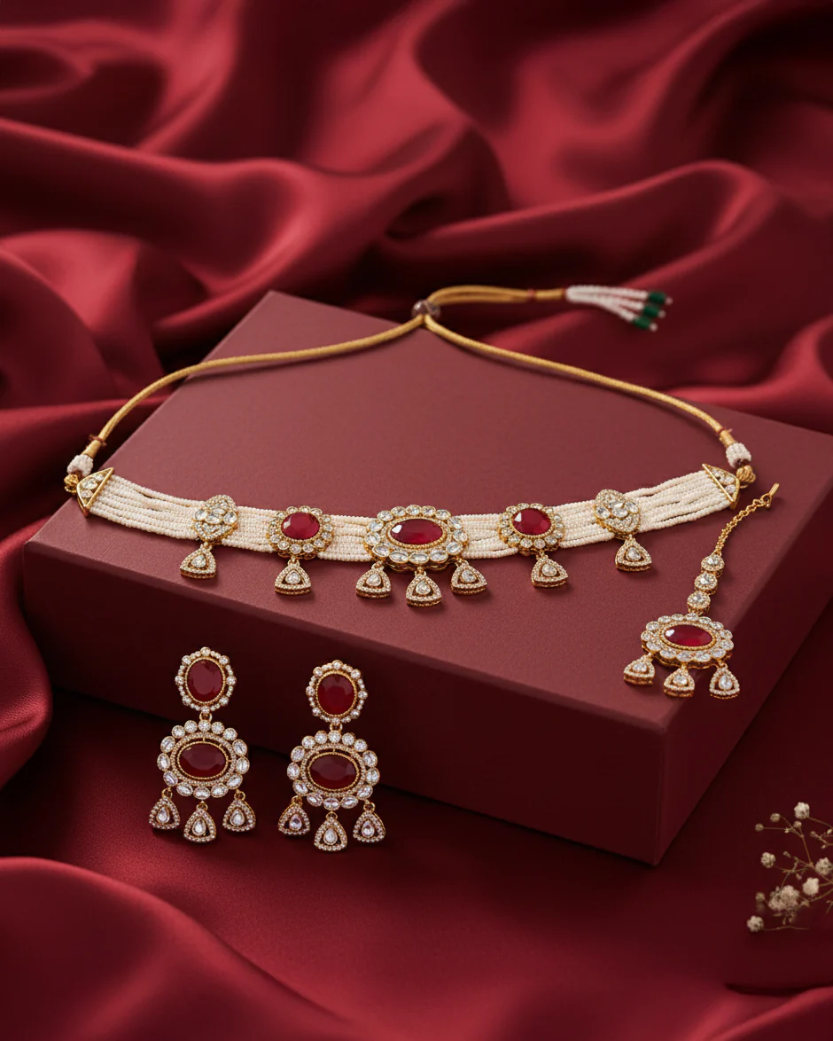 Red Suhen Premium Polki Dupe Choker Necklace With Earring & Teeka - Image 4