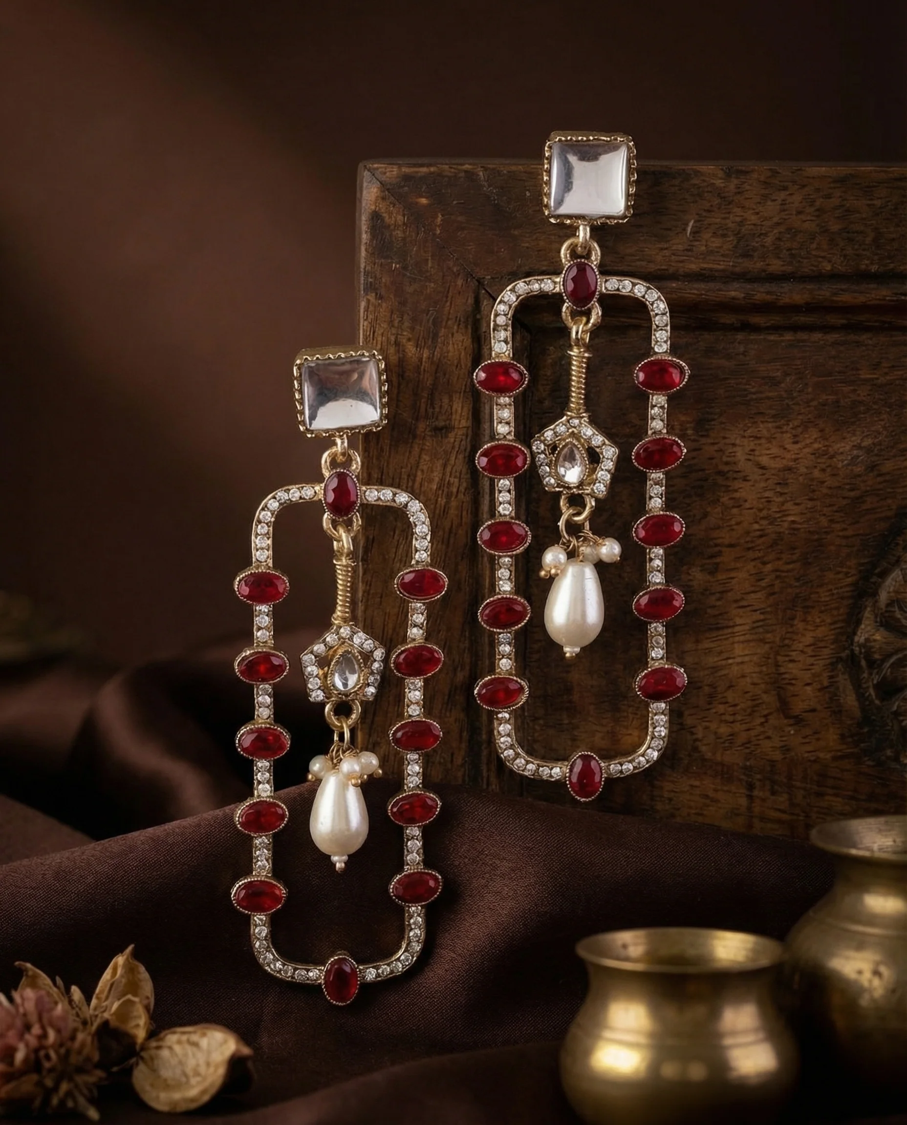 Red Tenille Premium Designer Zircone Kundan Earring - Image 2