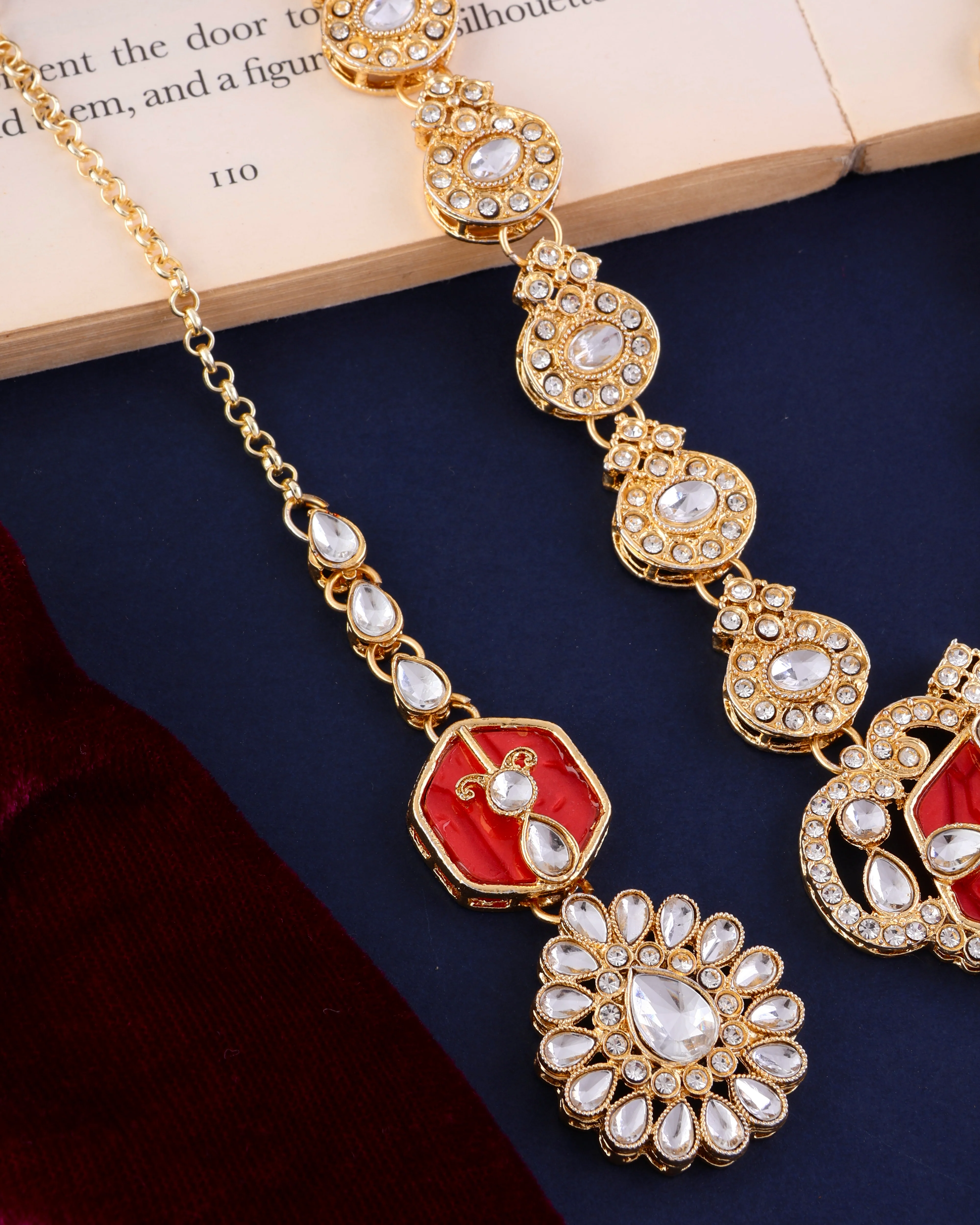 Red Vrinda Long Necklace Set with Earring and Teeka - Image 5