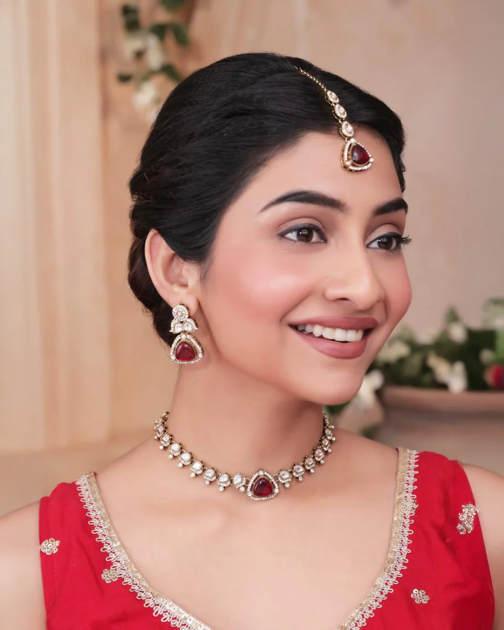 Ruby Adhvika Designer Monalisa and Zircone Necklace Set with Earring & Teeka - Image 4