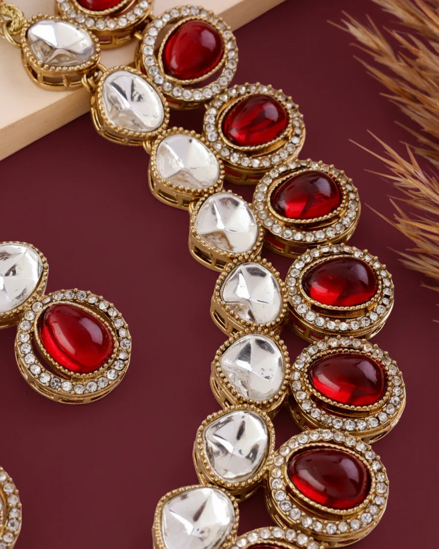Ruby Arshiya Premium Polki Dupe Necklace with Earring and Teeka - Image 4