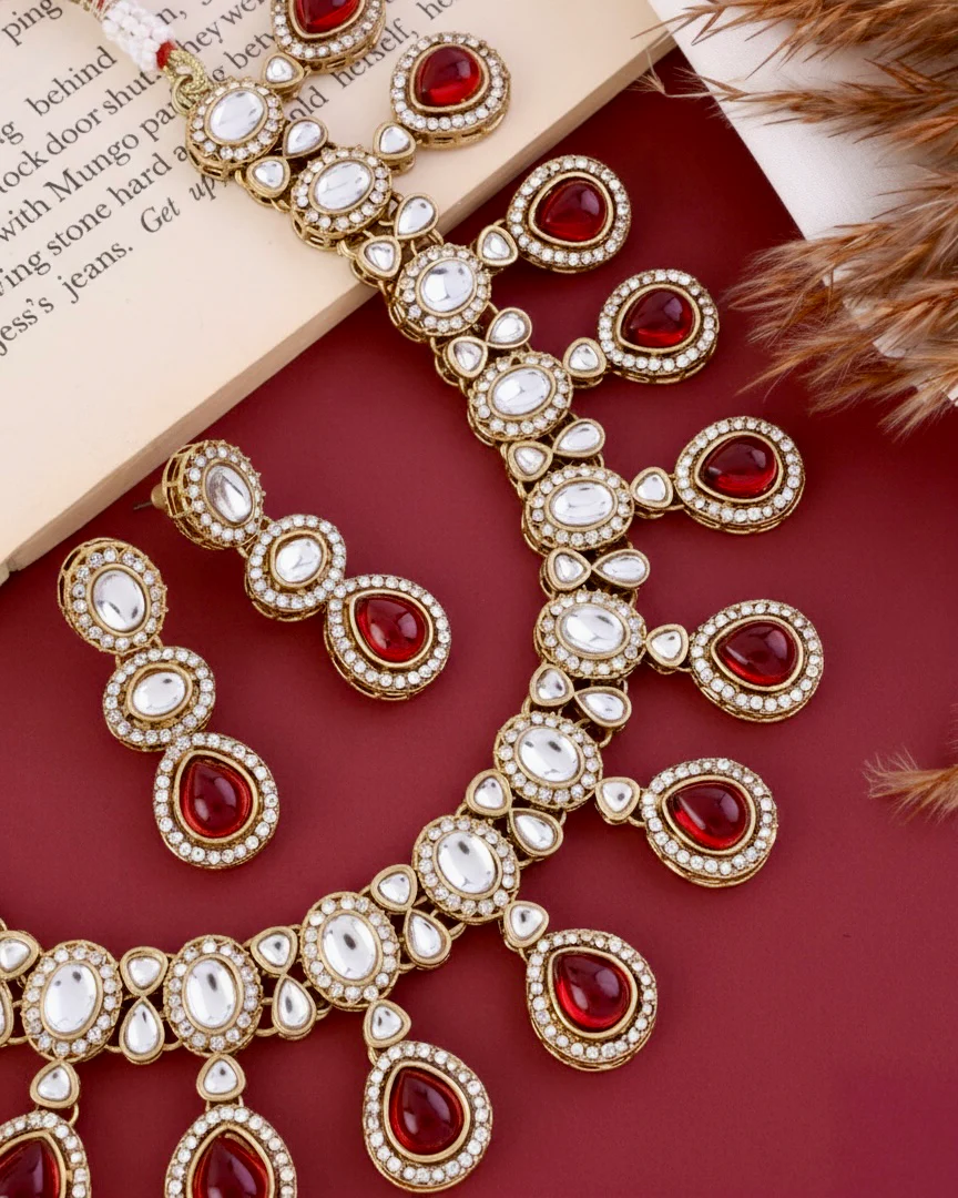 Ruby Nivaya Premium Polki Dupe Necklace with Earring and Teeka - Image 2