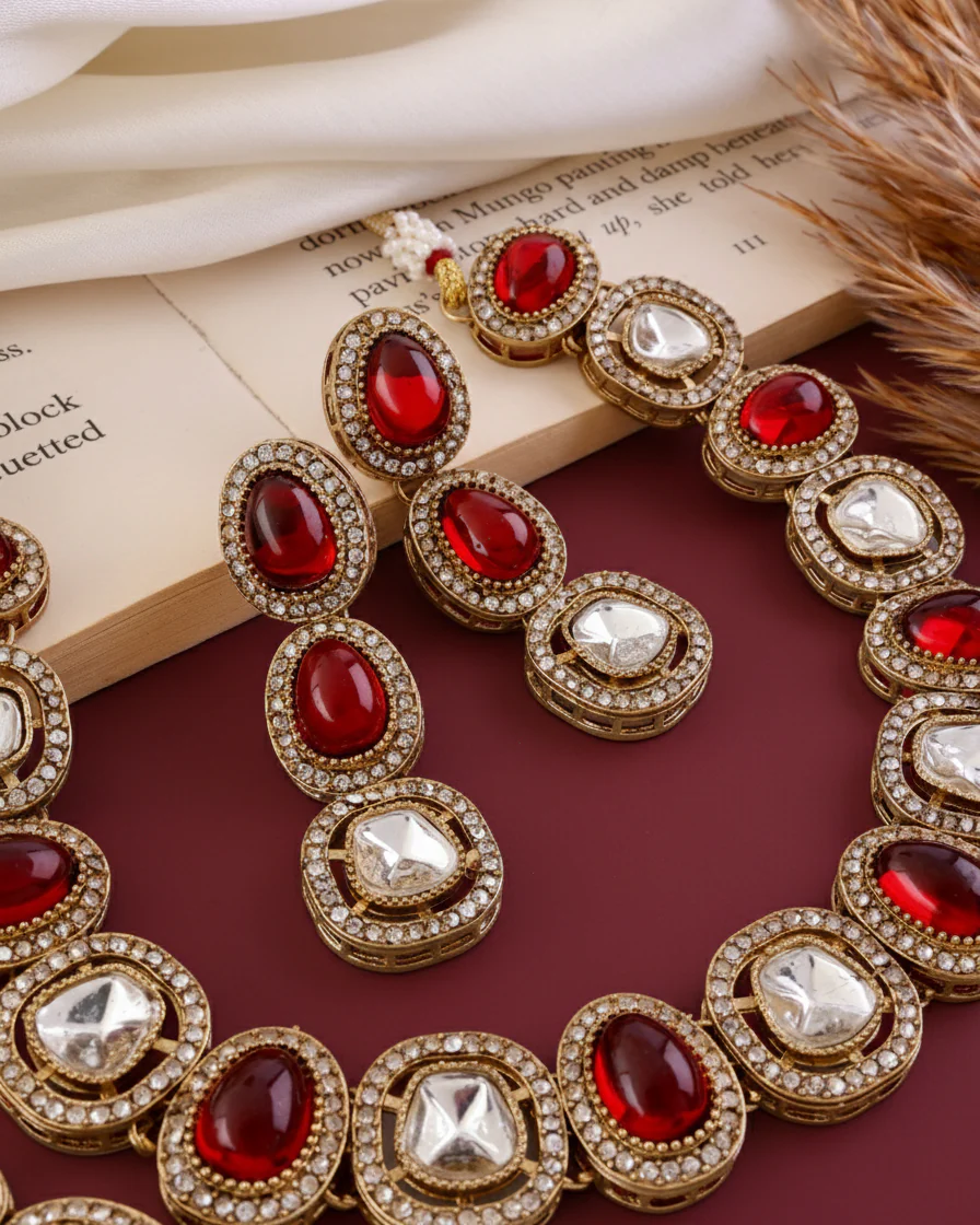 Ruby Rishita Premium Polki Dupe Necklace with Earring and Teeka - Image 5