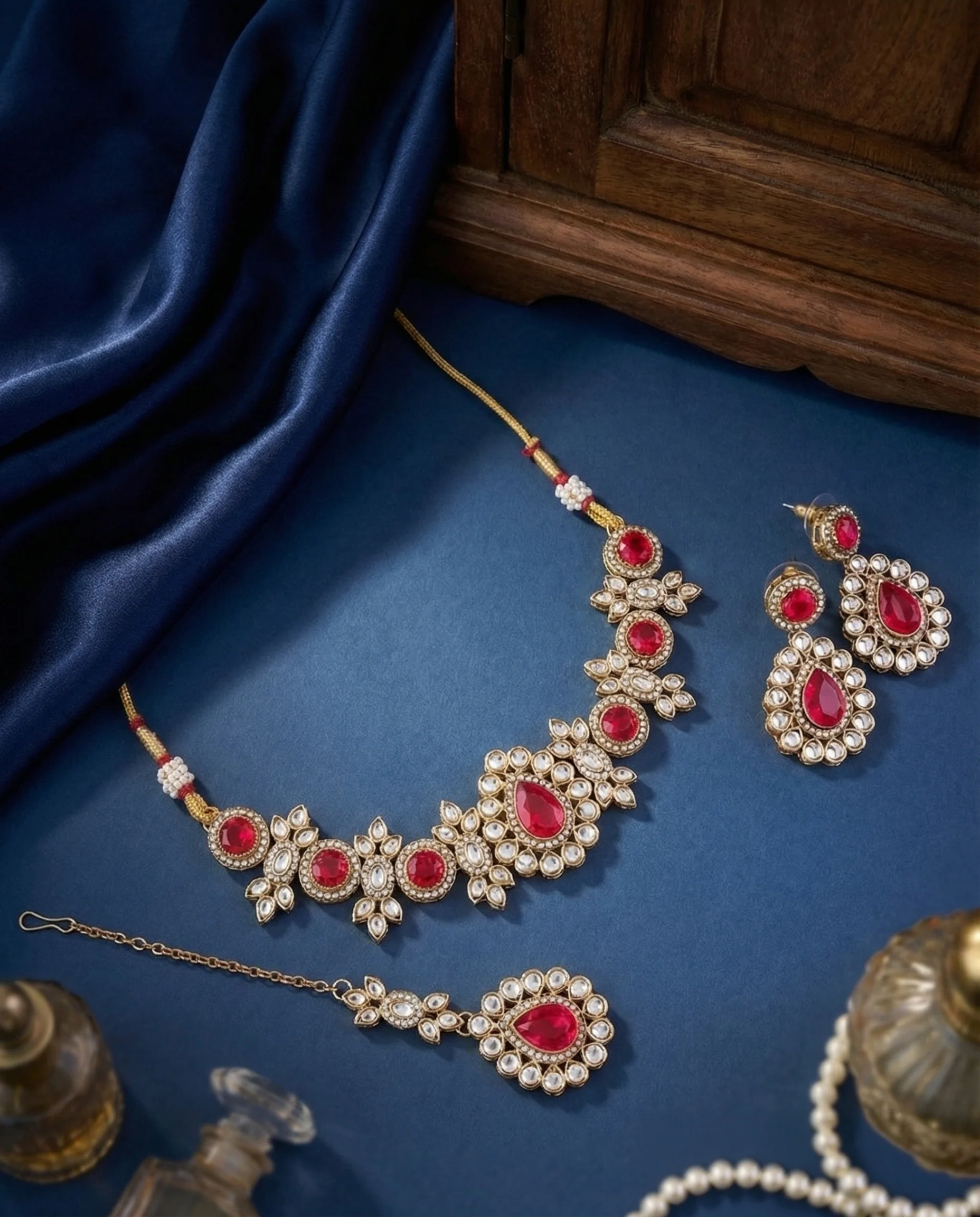 Pink Sierra Kundan Choker Necklace Set With Earring & Teeka - Image 2