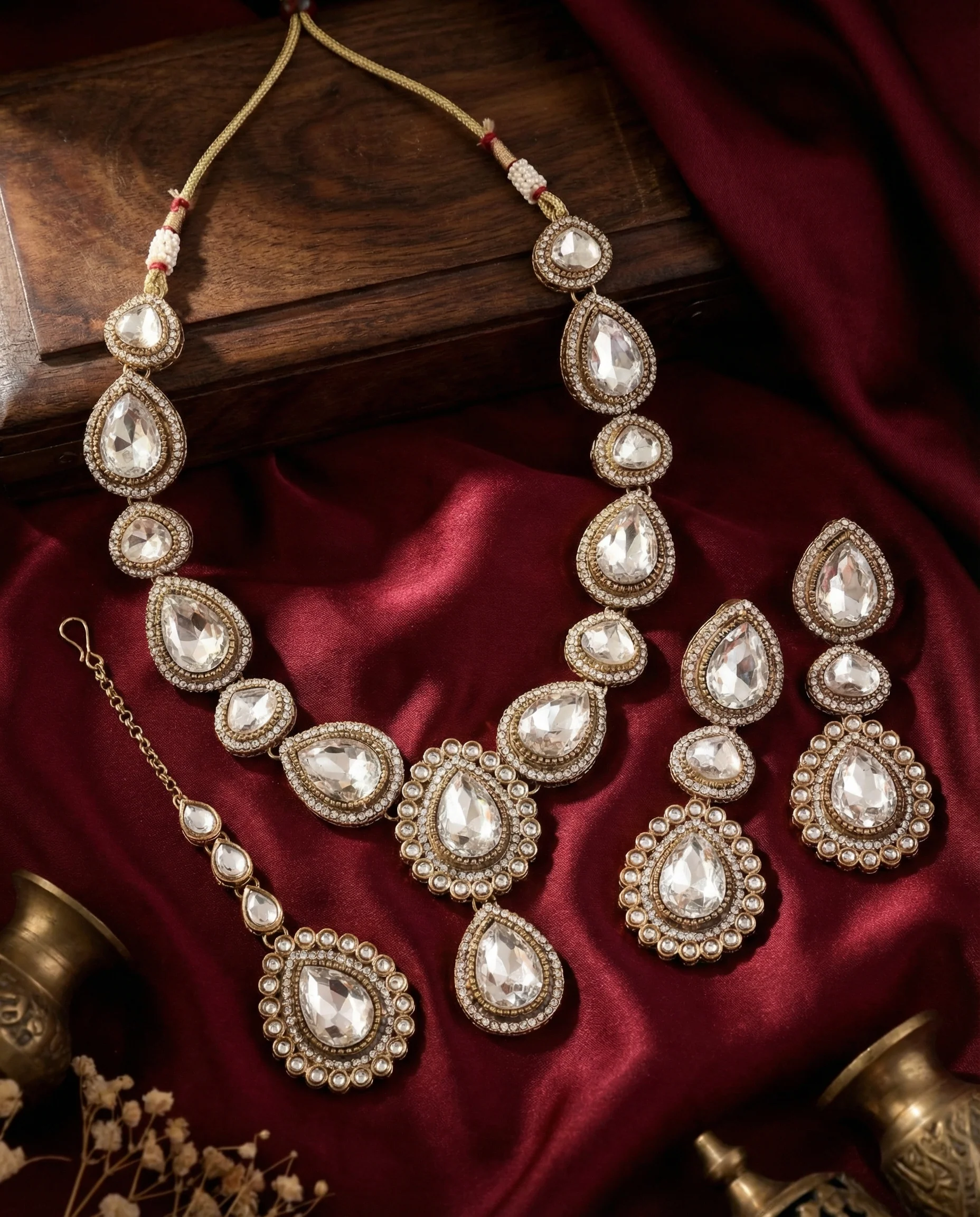 Silver Amani Premium Designer Zircone Polki Dupe Necklace With Earring & Teeka - Image 3