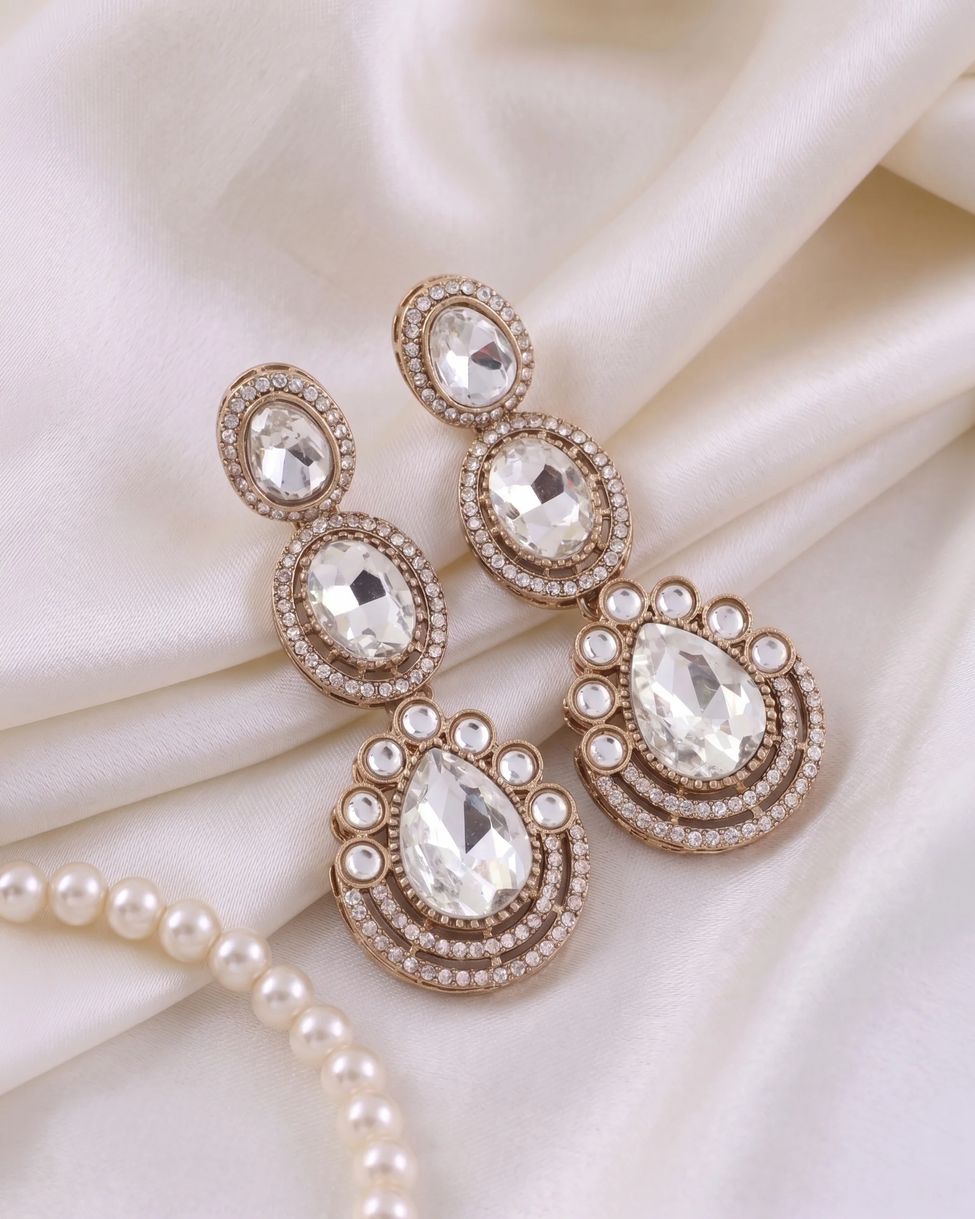 Silver Amreen Premium Designer Zircone Polki Dupe Earring - Image 3