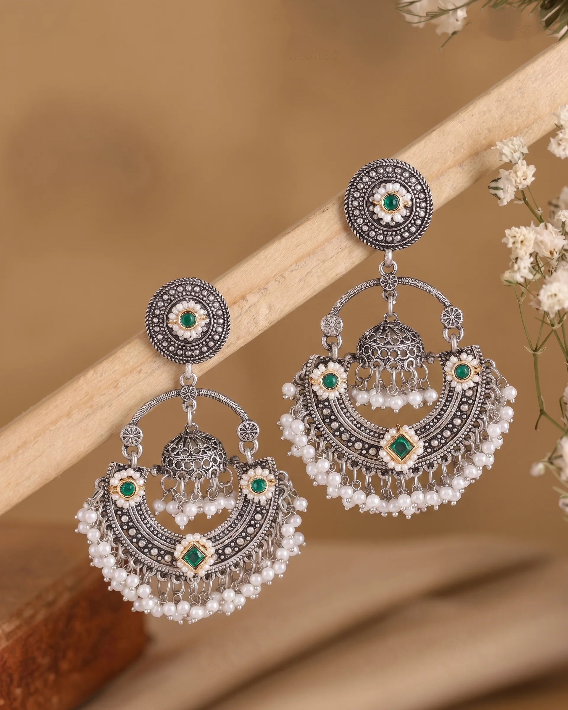 Silver Green Anahita Premium Brass Lookalike Earring - Image 4