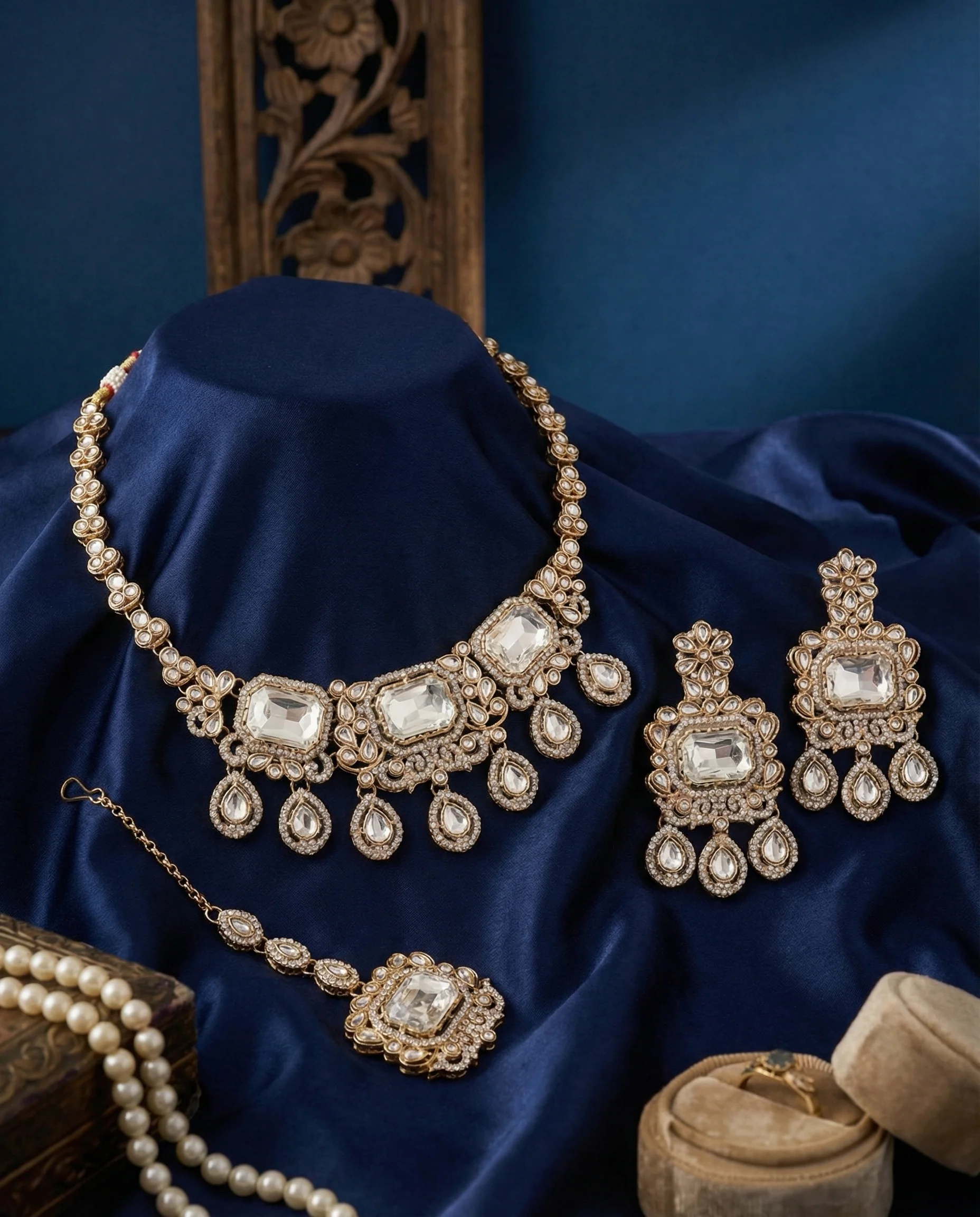 Silver Harshika Premium Zircone Polki Dupe Necklace Set - Image 3