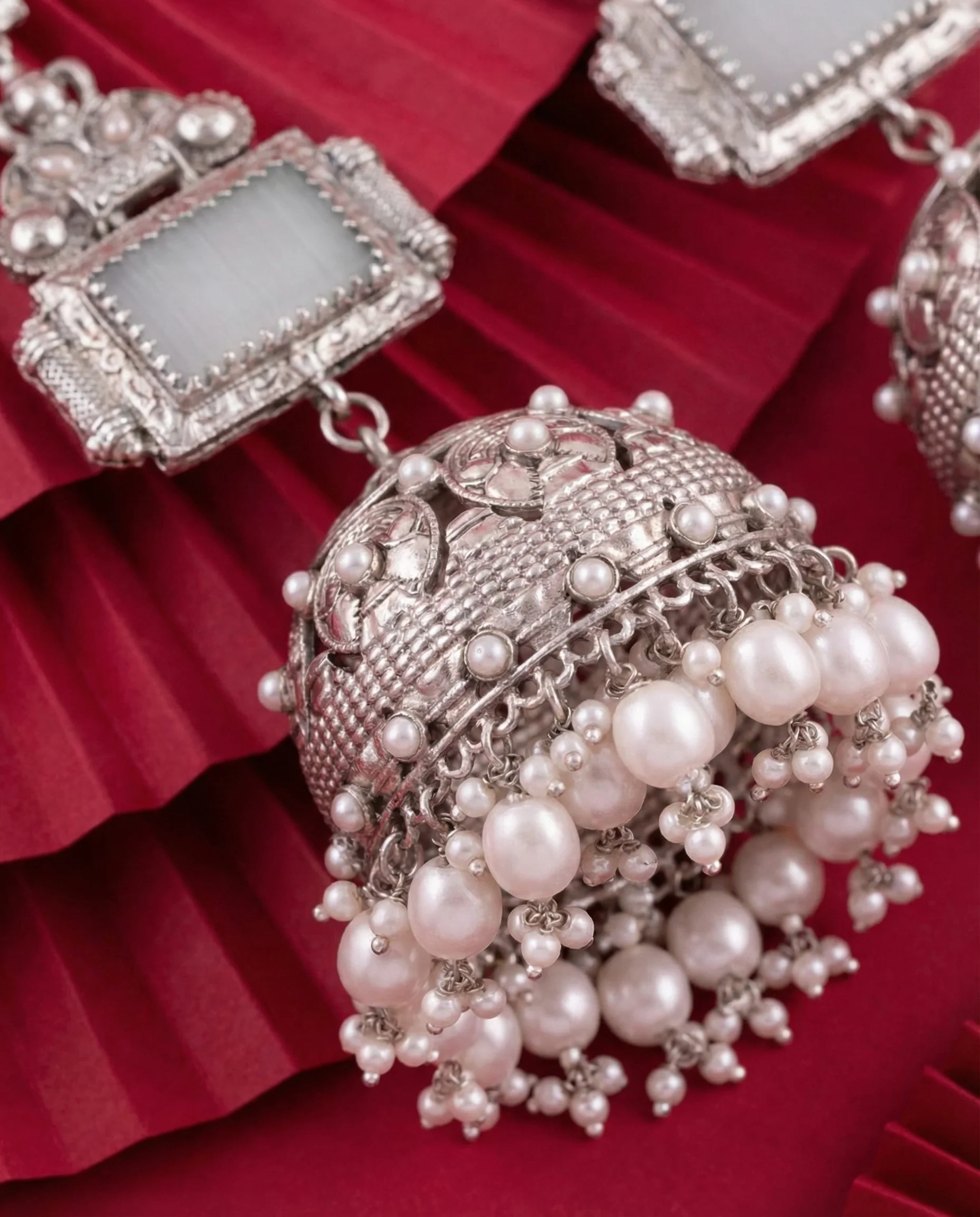 Silver Pearl Jhankaar Statement Jhumka - Image 2