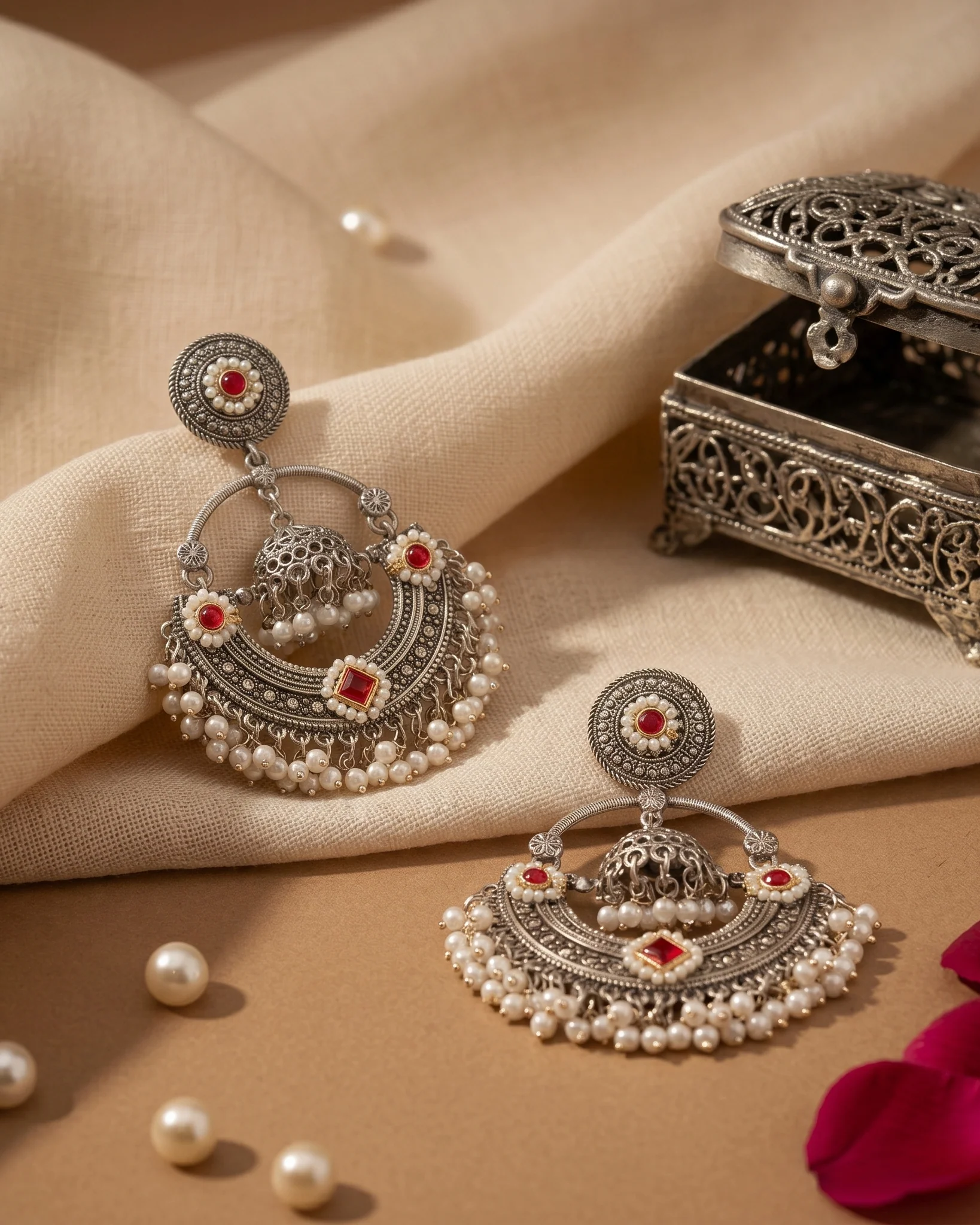 Silver Red Anahita Premium Brass Lookalike Earring - Image 2