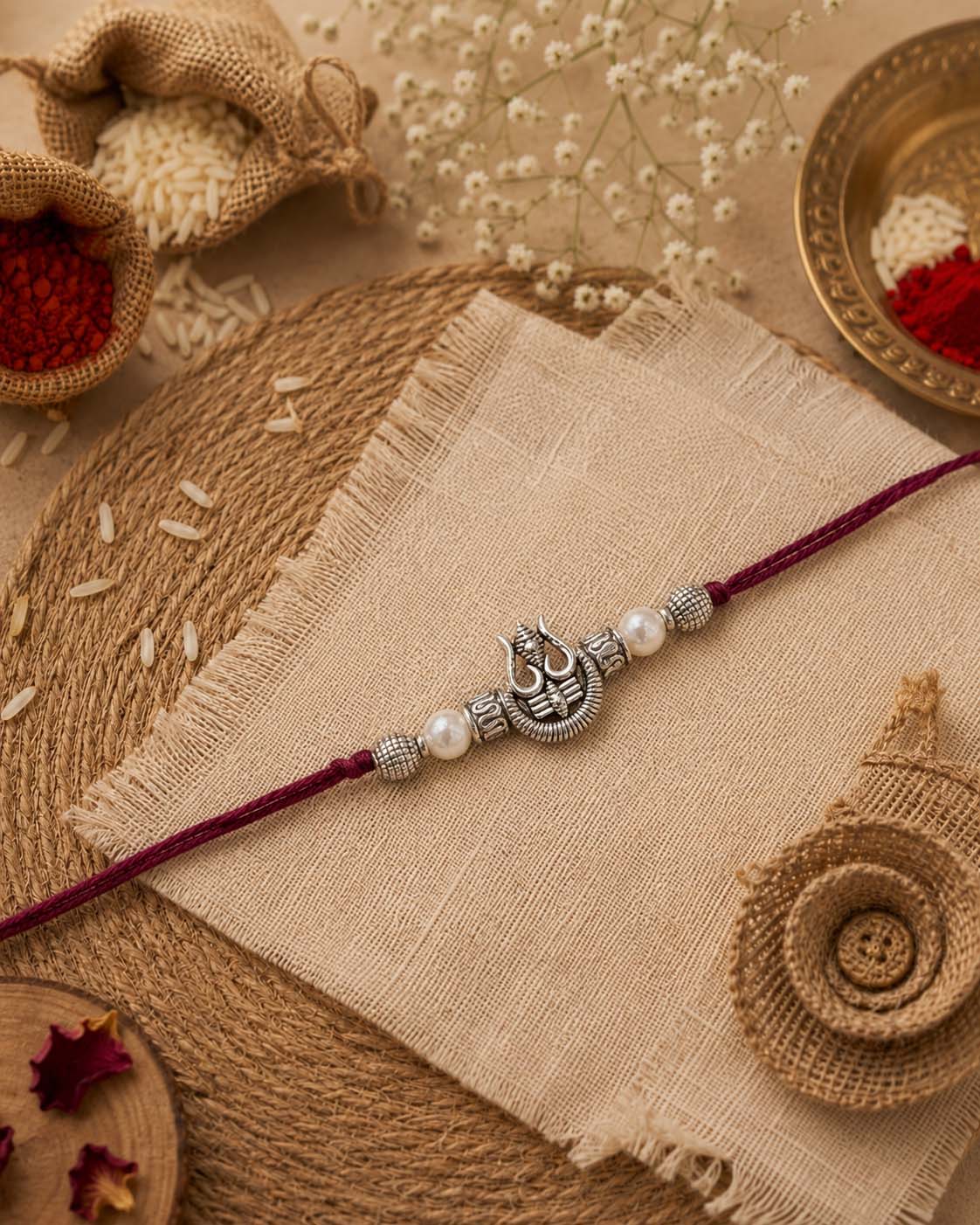 Silver Trishul Rakhi for Brother | Tilak Set Included - Image 2