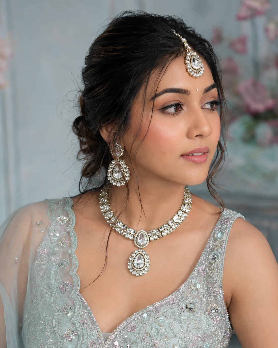 Silver Vyakhya Premium Designer Zircone Polki Dupe Necklace With Earring & Teeka - Image 2