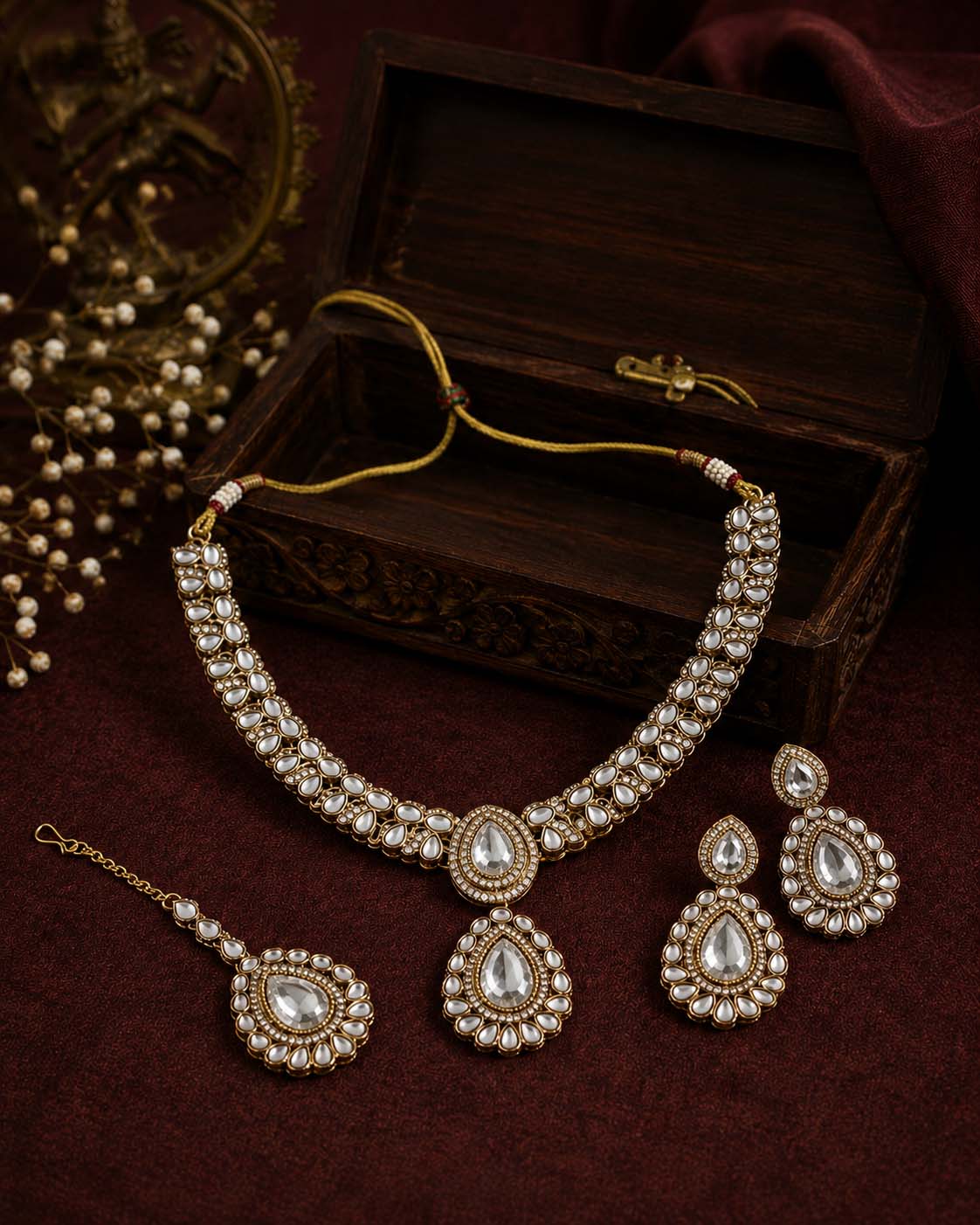 Silver Vyakhya Premium Designer Zircone Polki Dupe Necklace With Earring & Teeka - Image 4