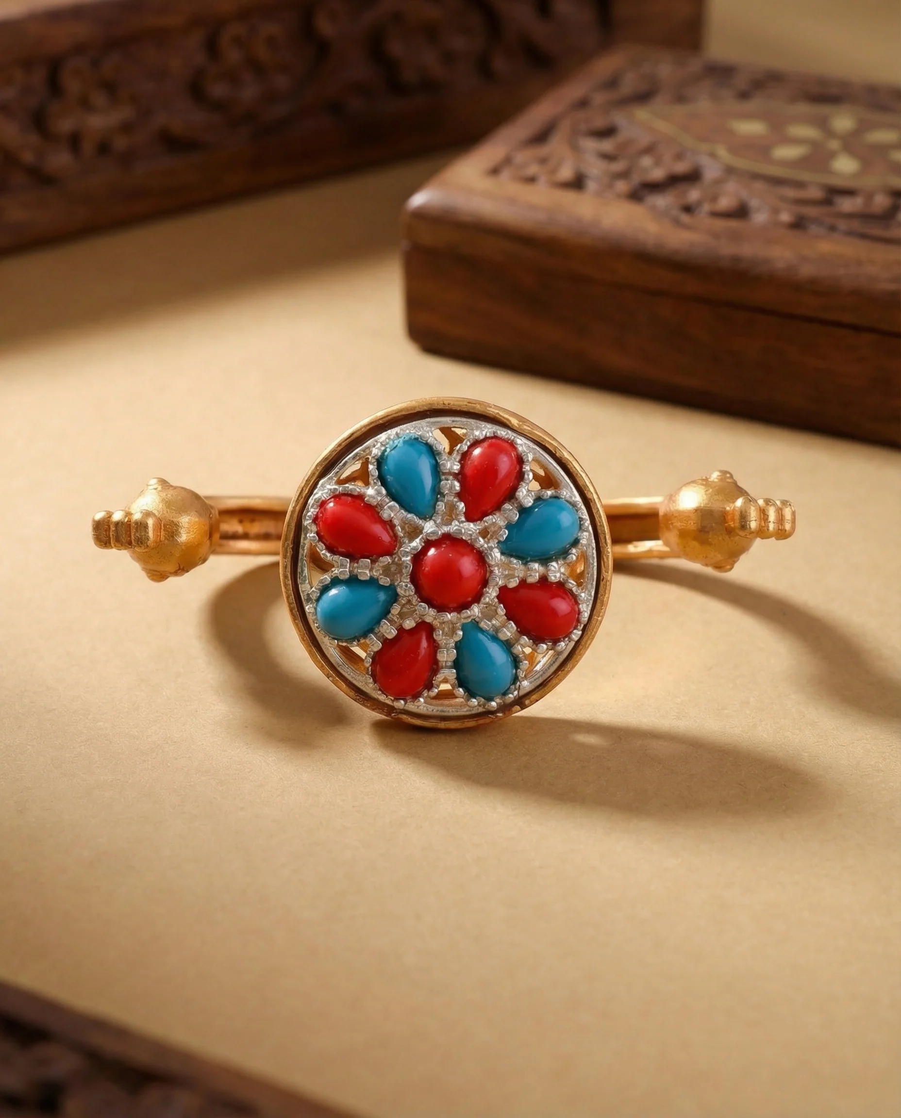 Sky Red Umisha 2 Finger Brass Gold Statement Ring - Image 2