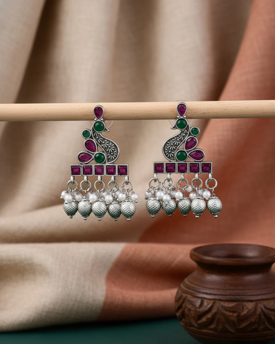 Soumya Silver Lookalike Peacock Earring - Image 3