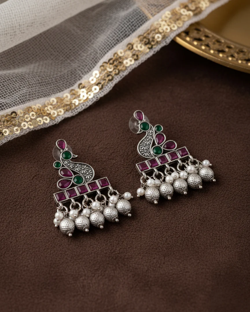 Soumya Silver Lookalike Peacock Earring - Image 4