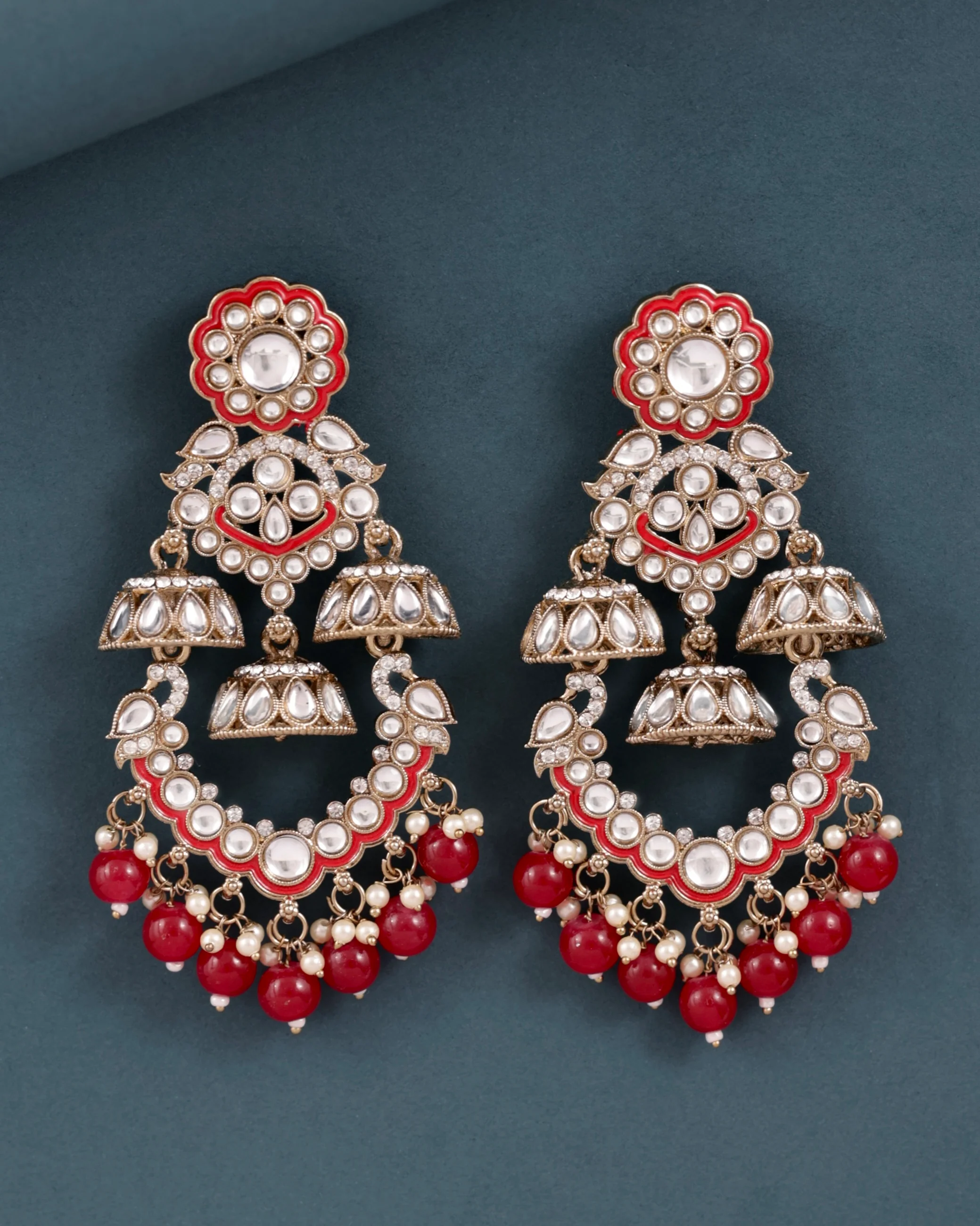 Red Taha Meenakari Zircon Jhumki Earring - Image 4