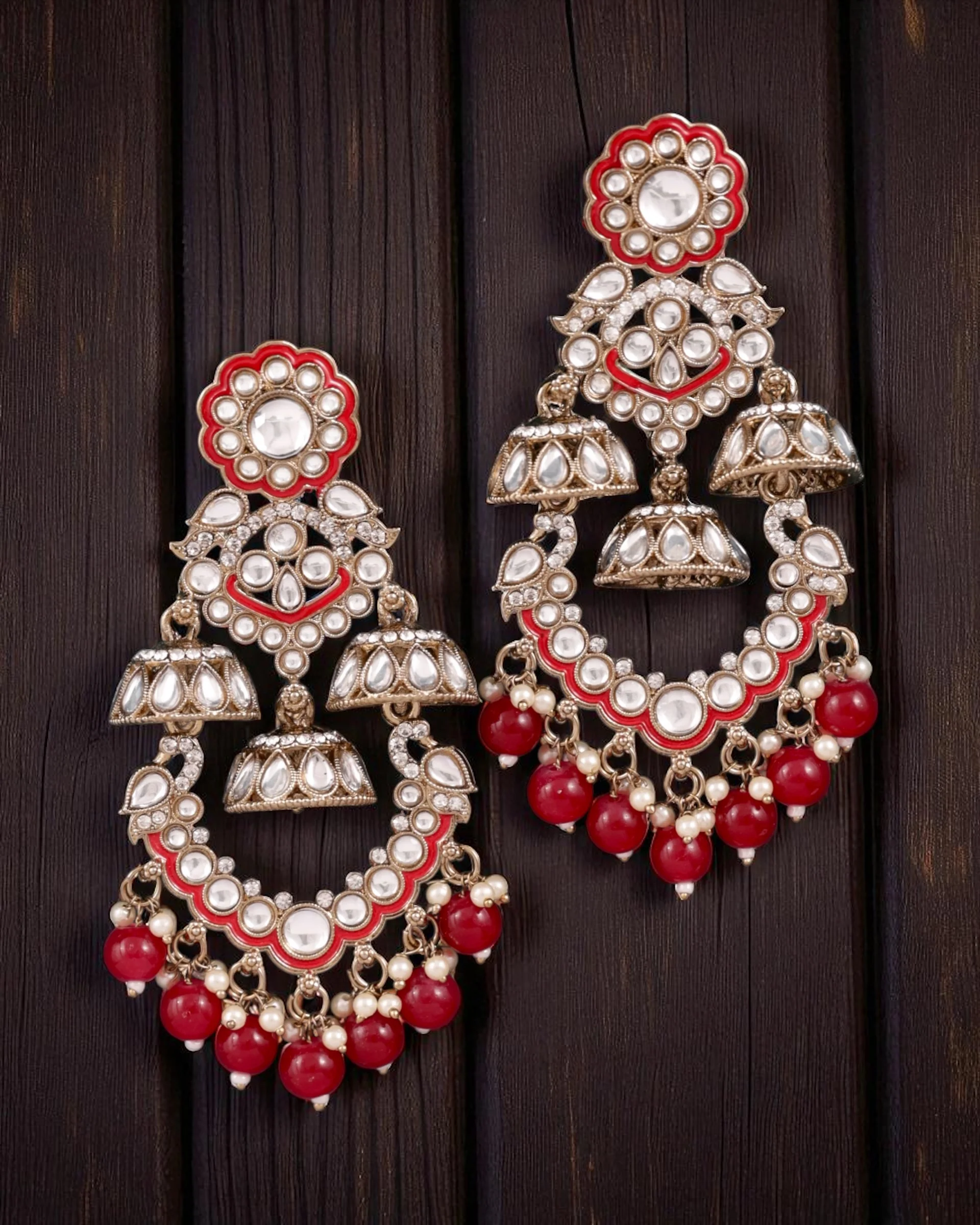 Red Taha Meenakari Zircon Jhumki Earring - Image 5