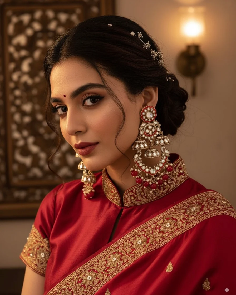 Red Taha Meenakari Zircon Jhumki Earring - Image 6