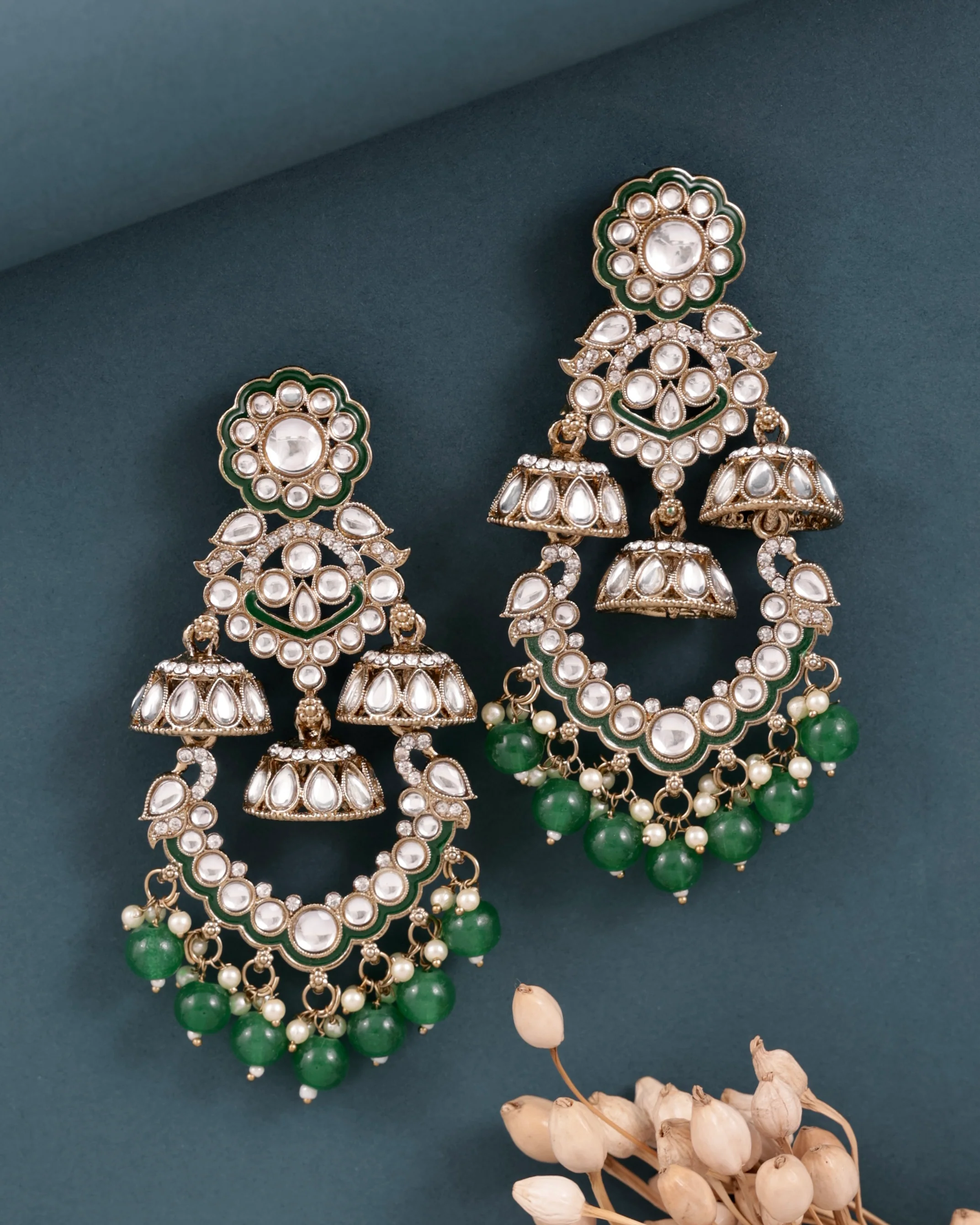 Green Taha Meenakari Zircon Jhumki Earring - Image 3