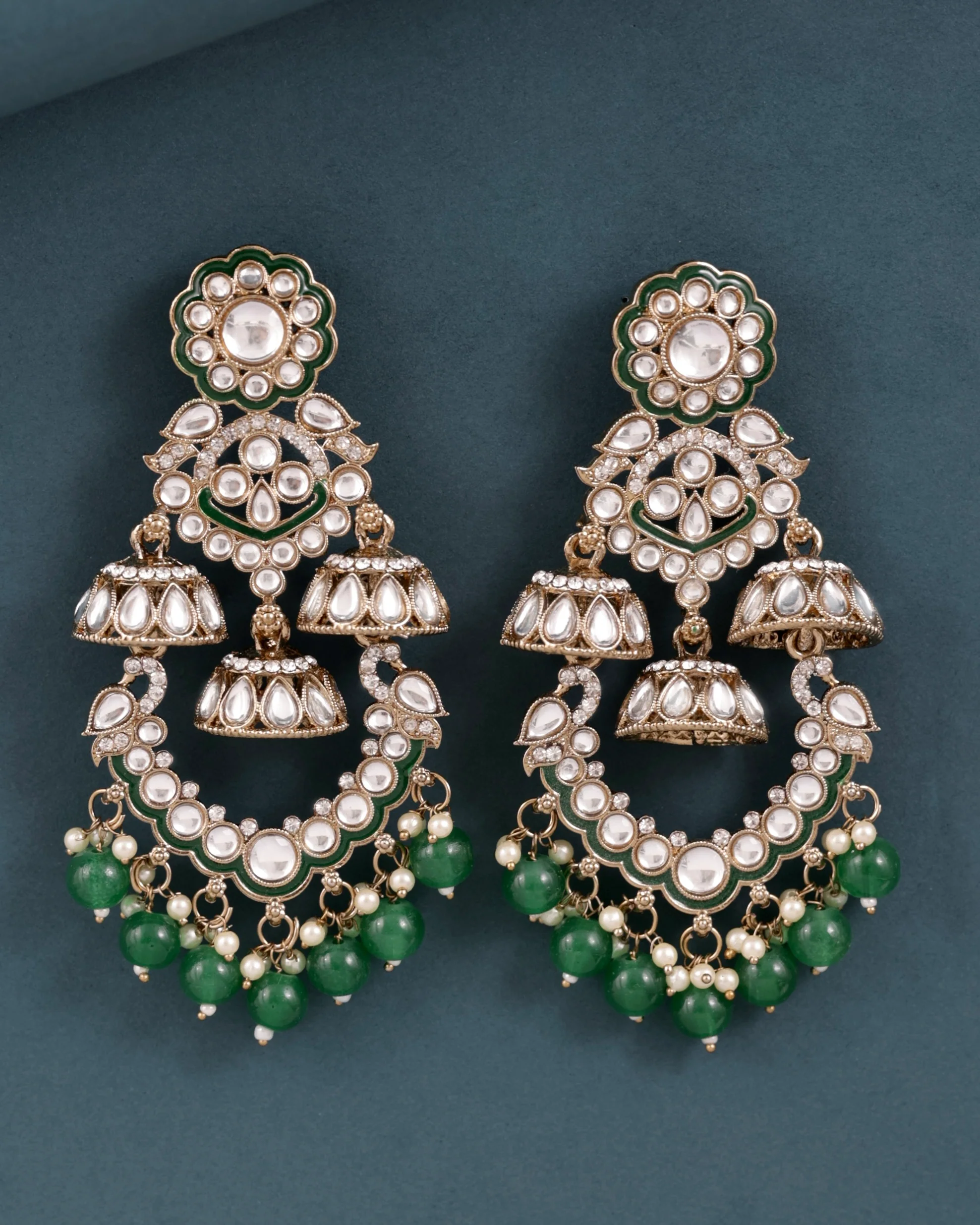 Green Taha Meenakari Zircon Jhumki Earring - Image 4